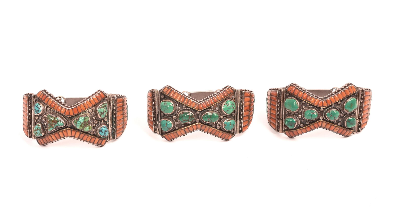 Three Turquoise and Coral Bracelets.: Diameter 2.5 inches.