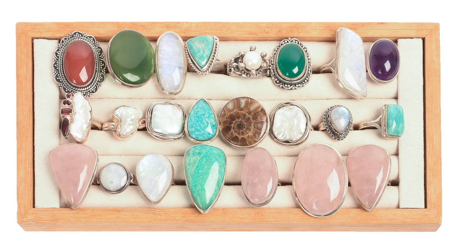 22 Sterling Silver Rings.: Various stones and sizes, includes display case. A few unmarked.