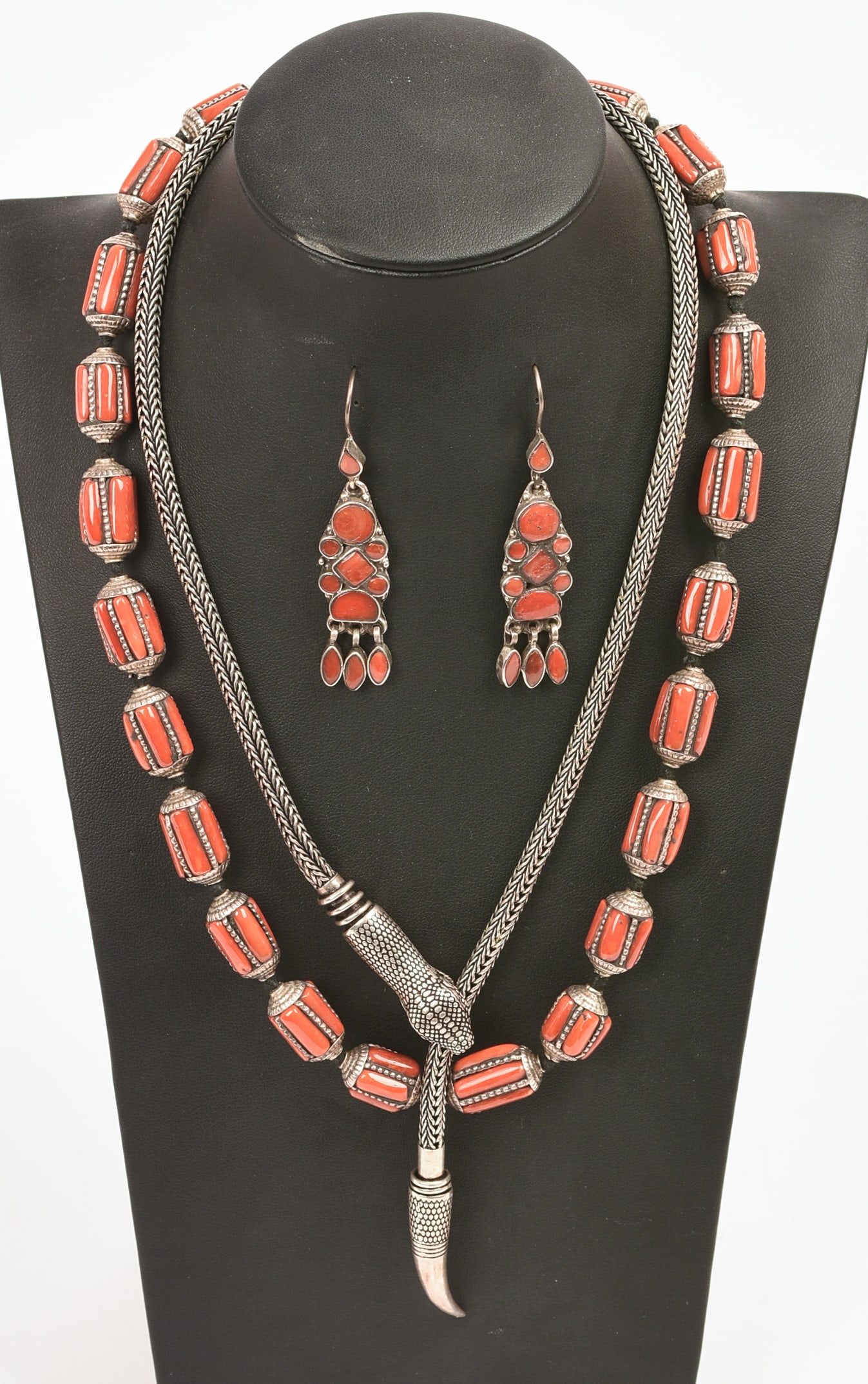 Sterling Snake Necklace, Coral Necklace, and Earring Set.: Length of coral necklace 18 inches. Stand included.