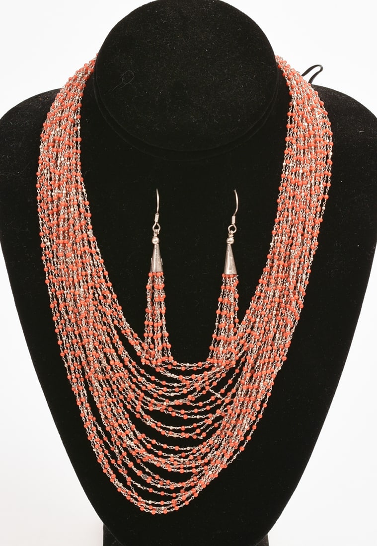 Coral and Sterling Necklace, and Earring Set.: Length of necklace 14 inches. Stand included.