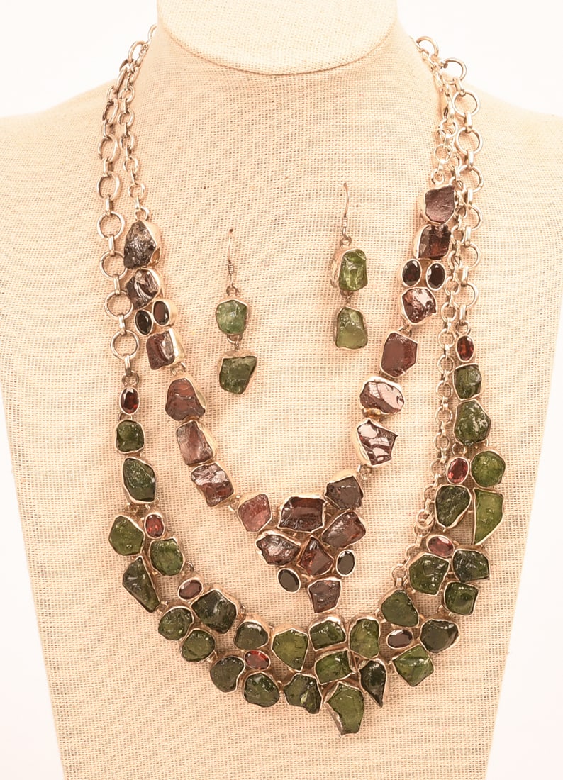 Two Quartz Necklaces and a Pair of Earrings.: Longer necklace 16 inches. Stand included.