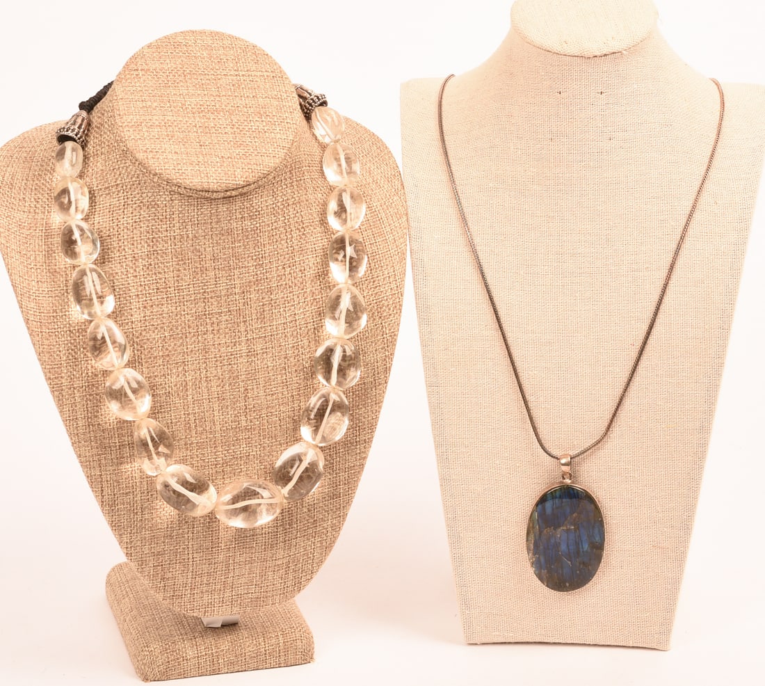 Two Necklaces: Clear Quartz and Stone Pendant.: Length of quartz necklace 18 inches. One stand included.