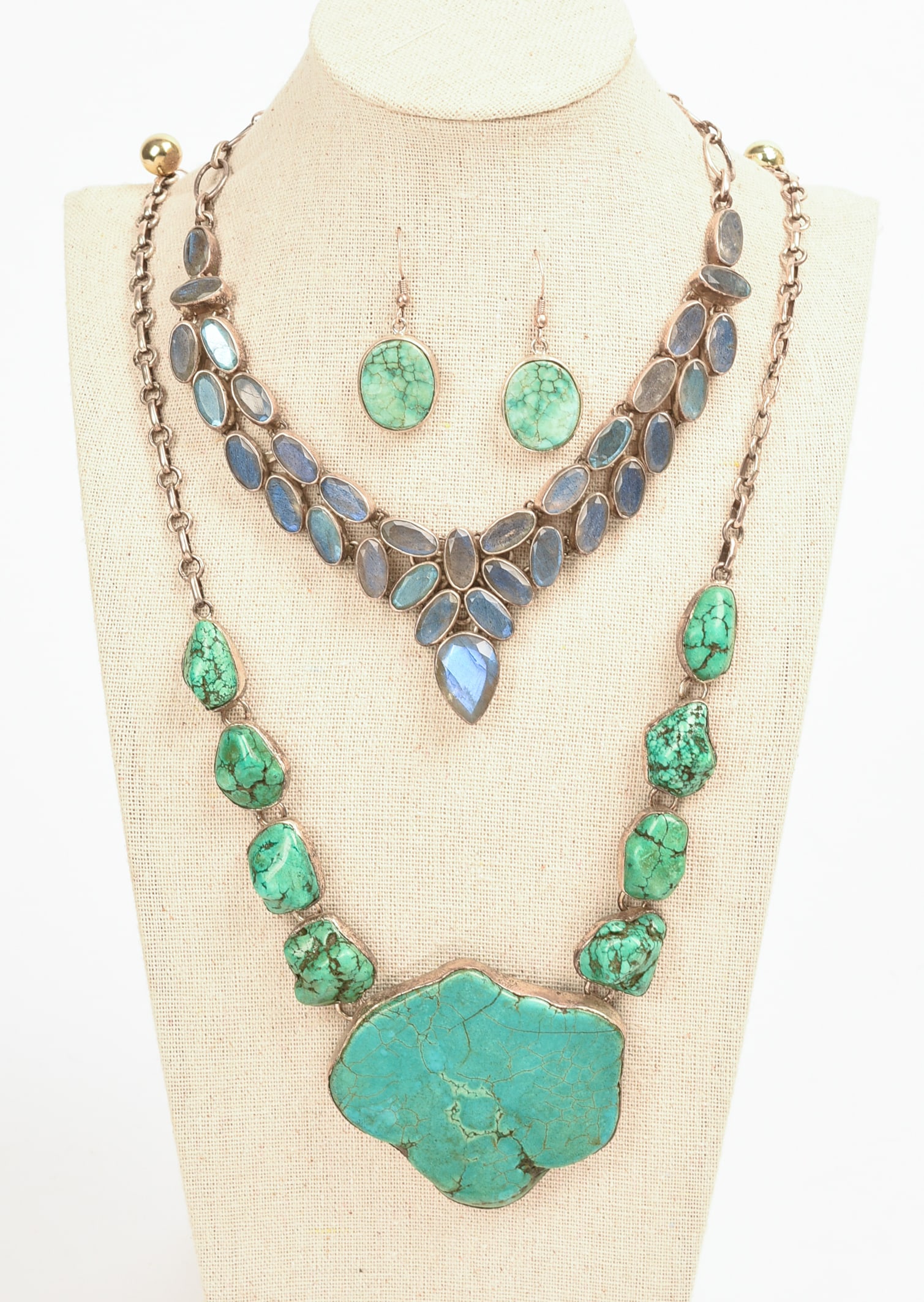 Turquoise Necklace and Earring Set.: Together with a second necklace. Length of turquoise necklace 18 inches. Stand included.