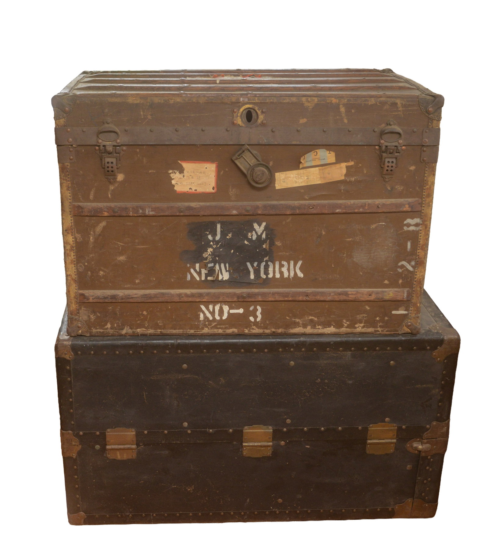 Two Steamer Trunks.: 23 x 34 x 21 and 22 x 40 x 22 inches. NO SHIPPING AVAILABLE. This item must be picked up Friday, June 19th in Kennebunkport, Maine.