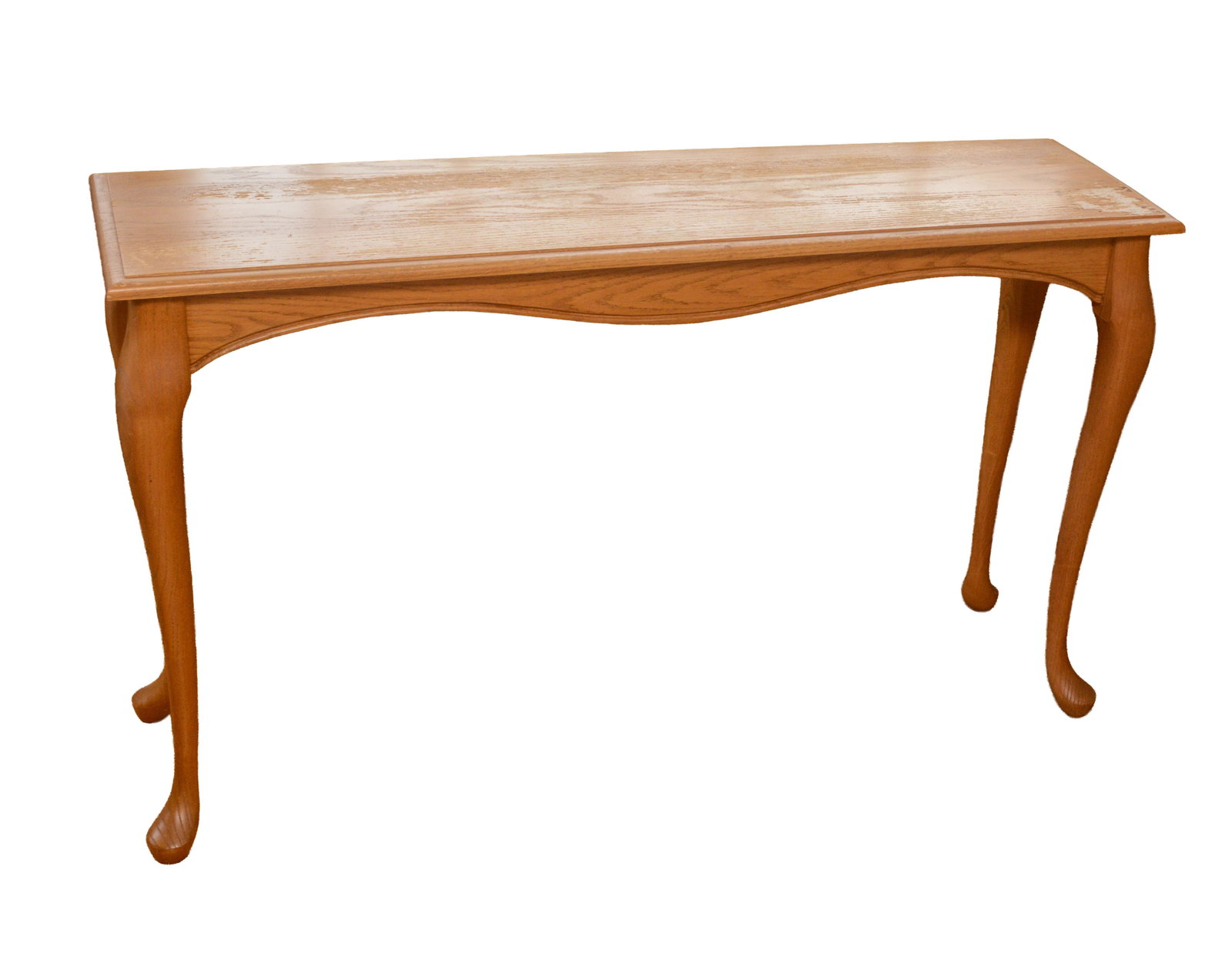 Queen Anne Style Oak Sofa Table.: Height 28 inches, length 48 inches, depth 14 inches. Some wear to top. NO SHIPPING AVAILABLE. This item must be picked up Friday, June 19th in Kennebunkport, Maine.
