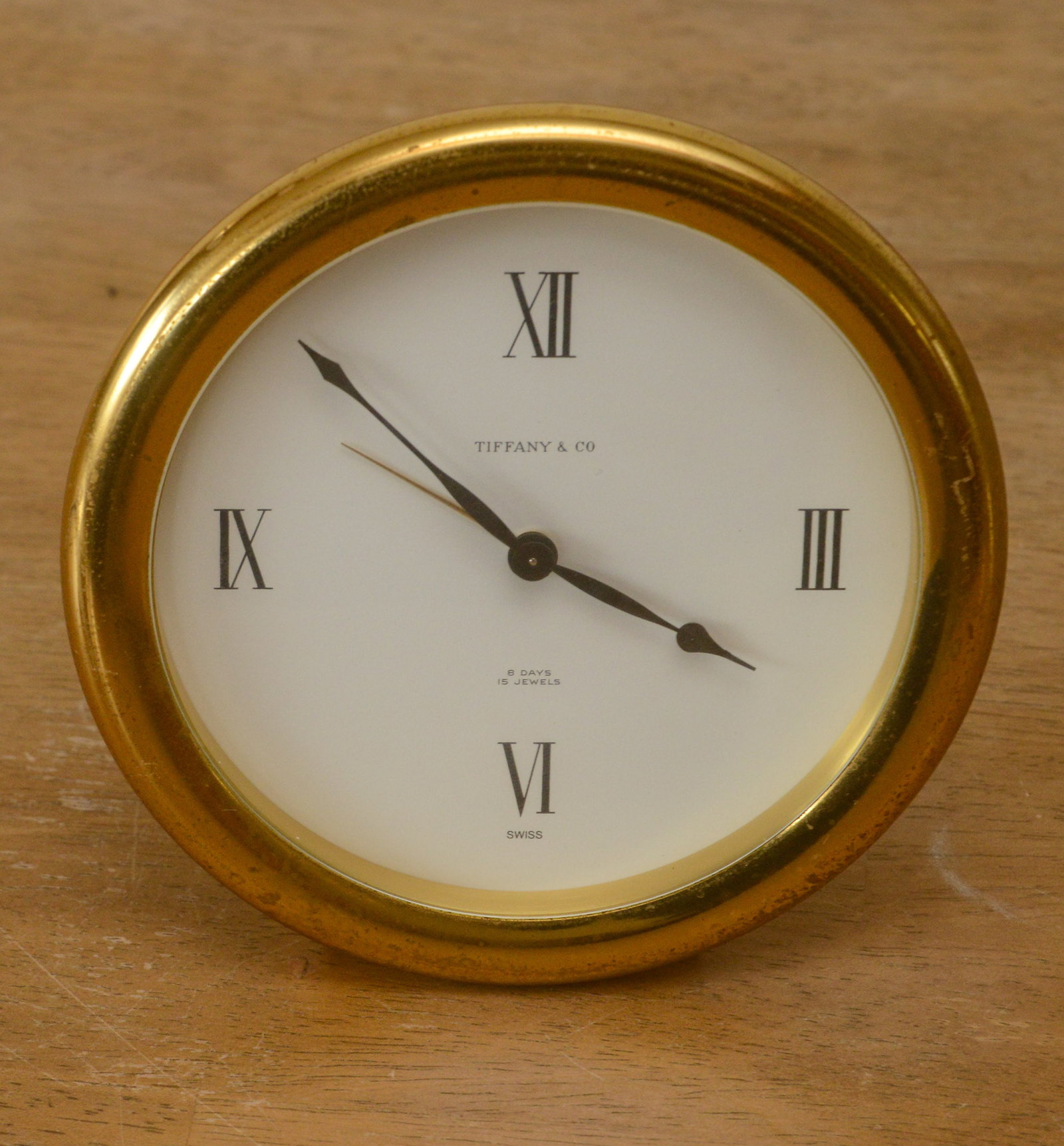 Tiffany & Co Desk Clock.: Diameter 5 inches. Appears to be overwound.