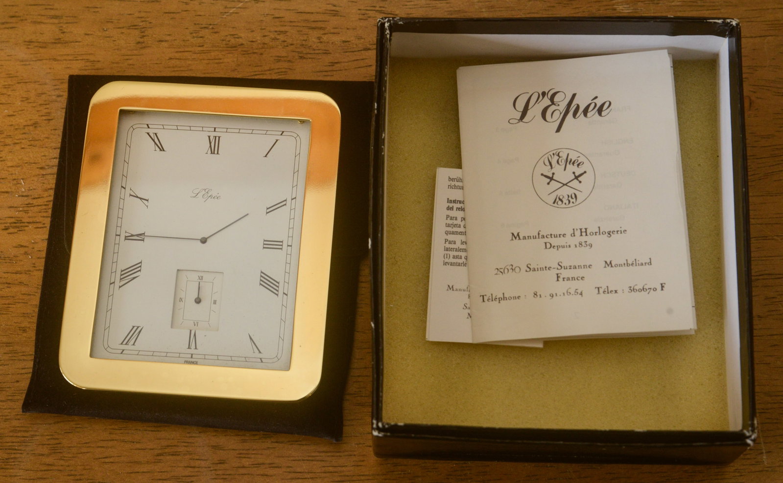 L'Epee French Desk Clock.: 4 x 3.25 inches. In original box. Not tested for operation.