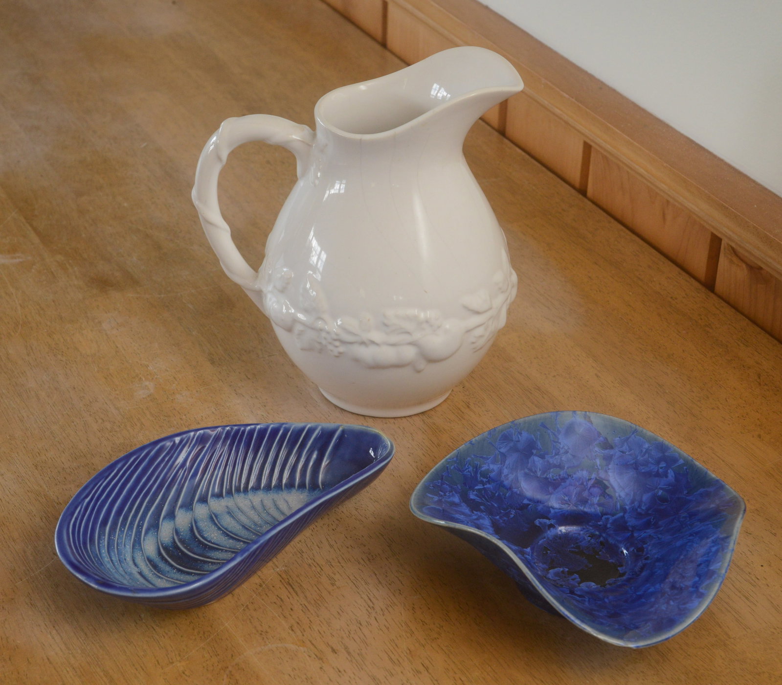 Two Studio Pottery Dishes and a Pitcher.: Height of pitcher 9 inches. Good condition.