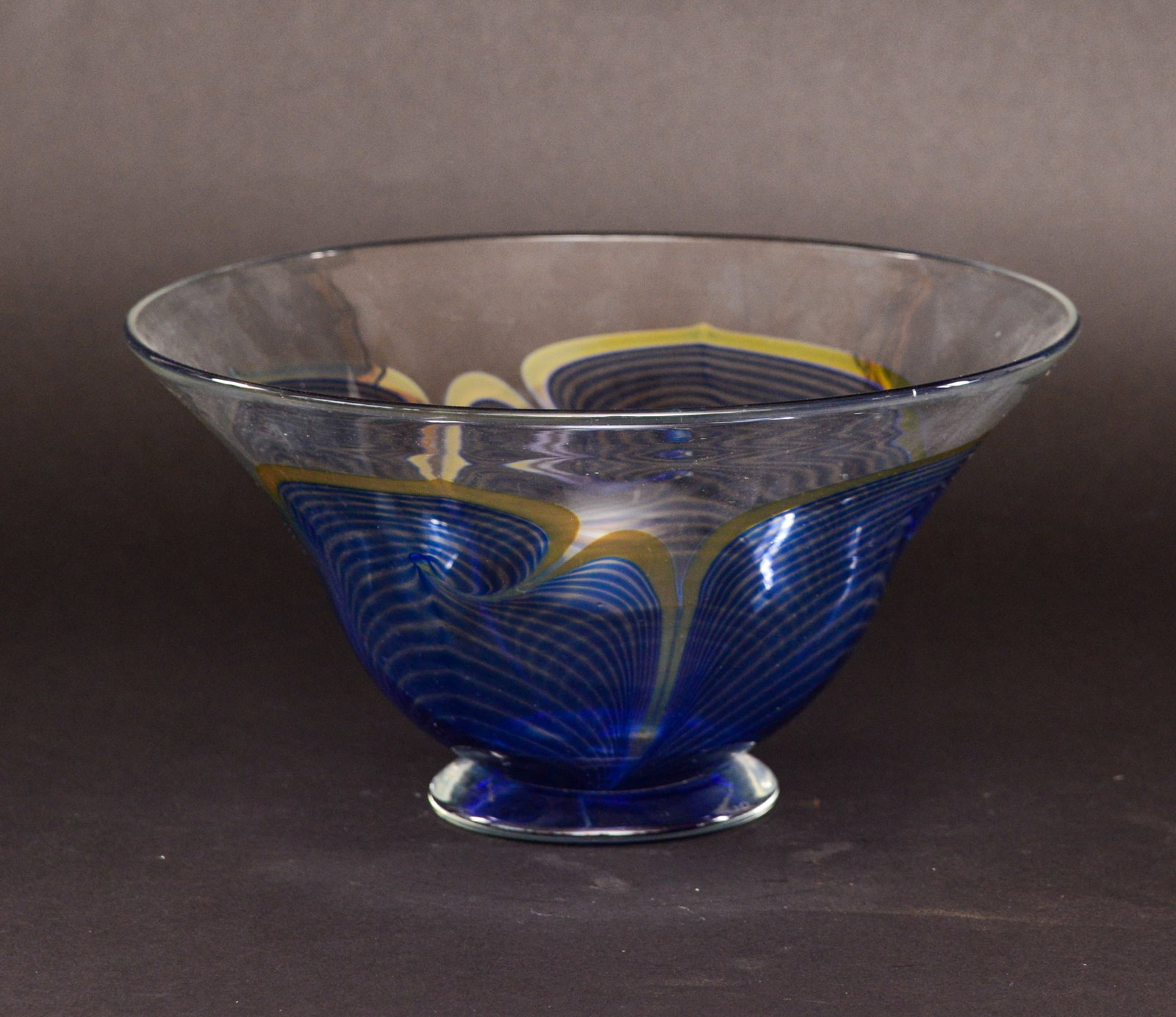 Correia Pulled Feather Art Glass Bowl.: Height 6 inches, diameter 11.5 inches. Very good condition.