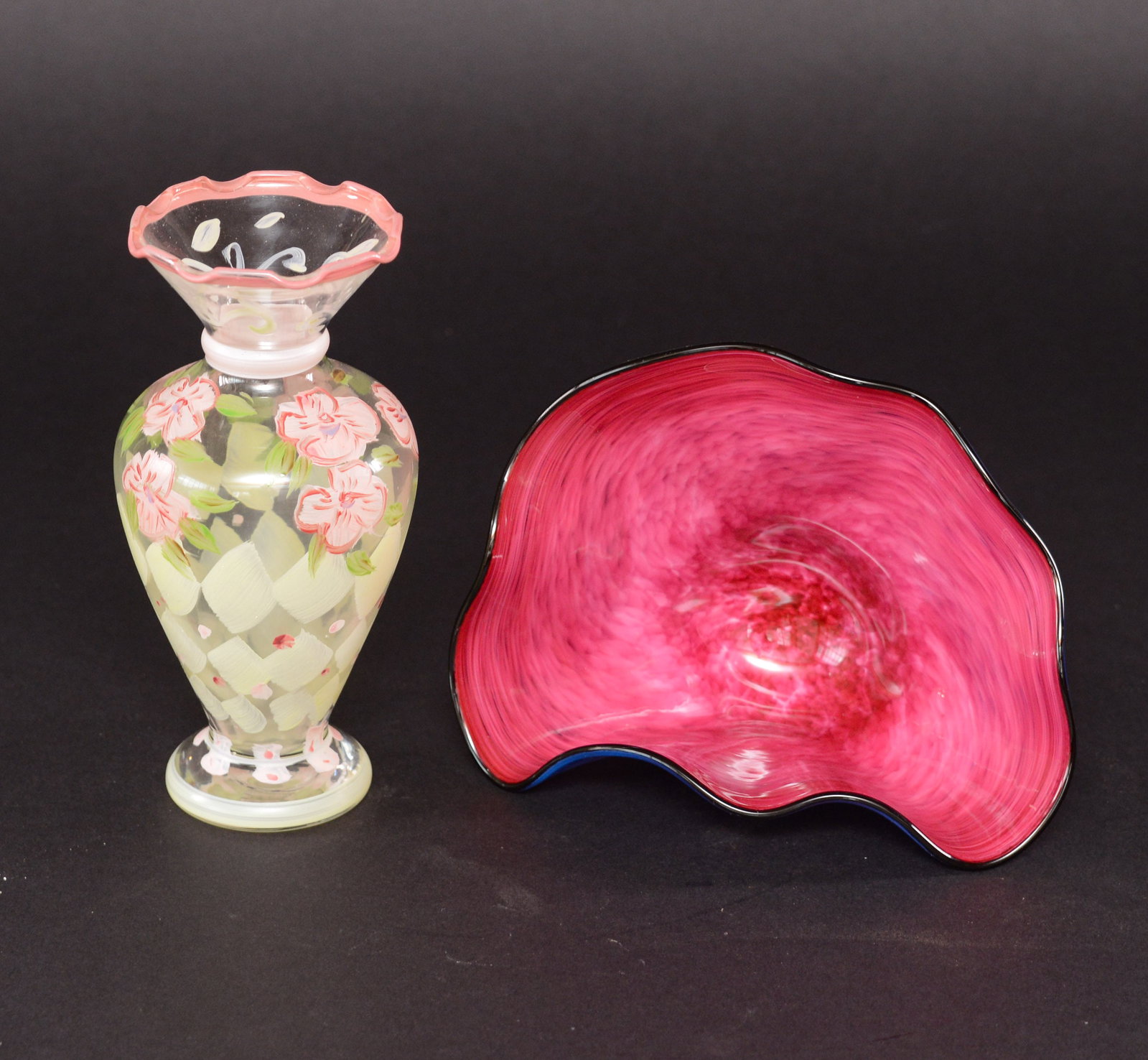 Hand Painted Glass Vase and a Bowl.: Height of vase 6.5 inches. Good condition.