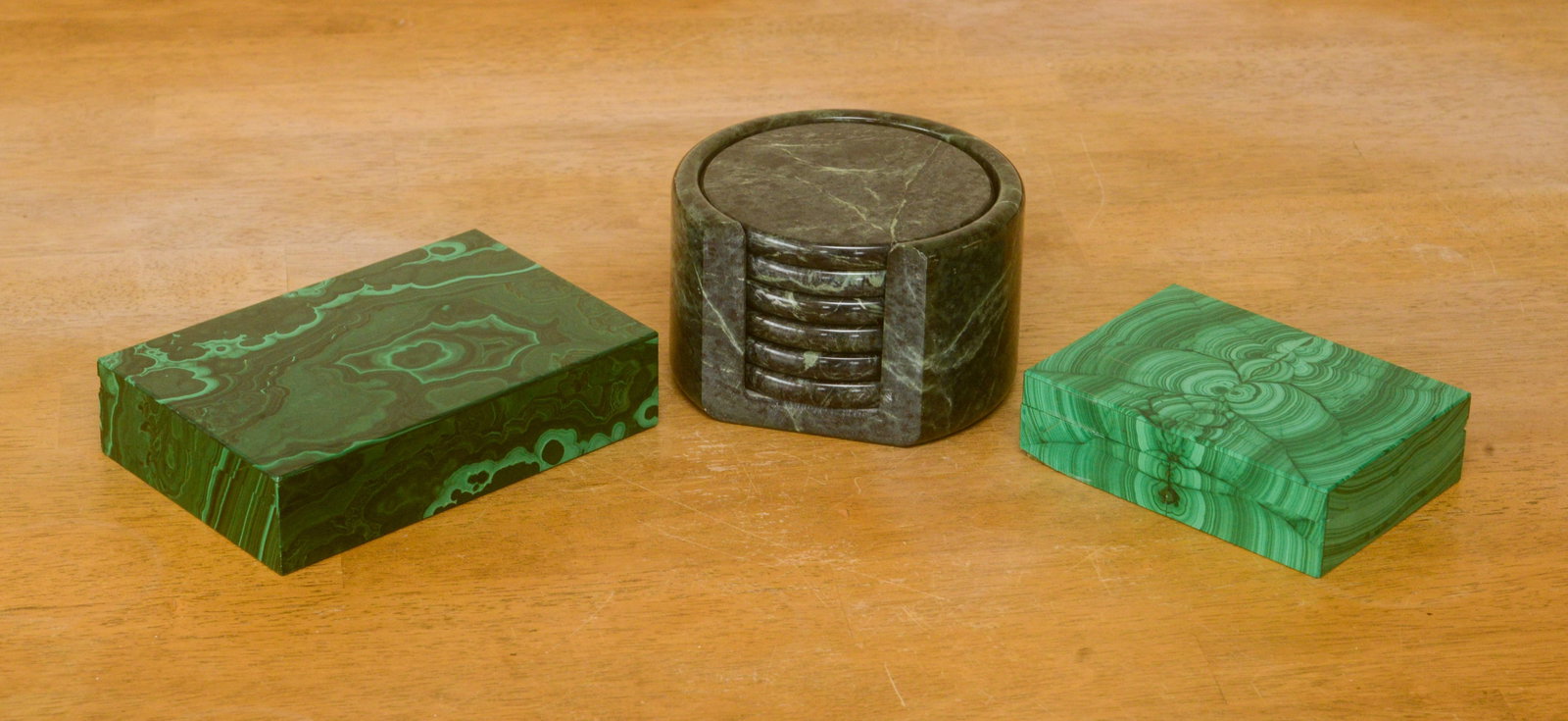 Two Malachite Boxes and Six Stone Coasters.: Boxes 1.5 x 4.5 x 3.5 and 1.5 x 6 x 4 inches. One with loss at back.