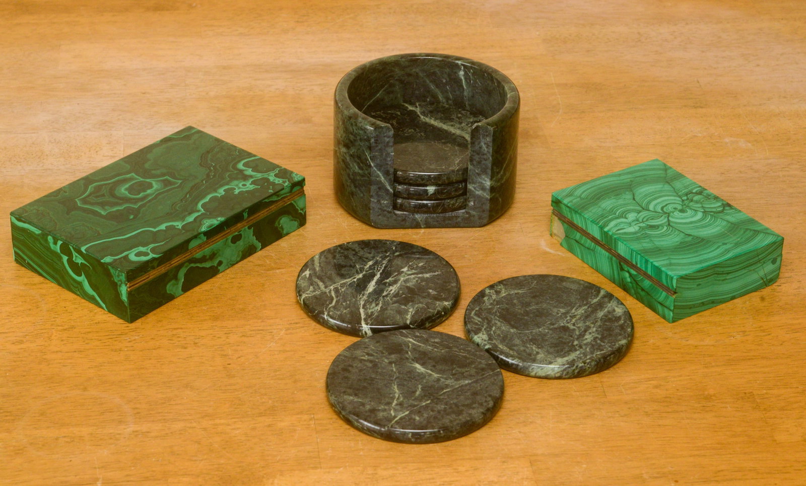 Two Malachite Boxes and Six Stone Coasters. - 6