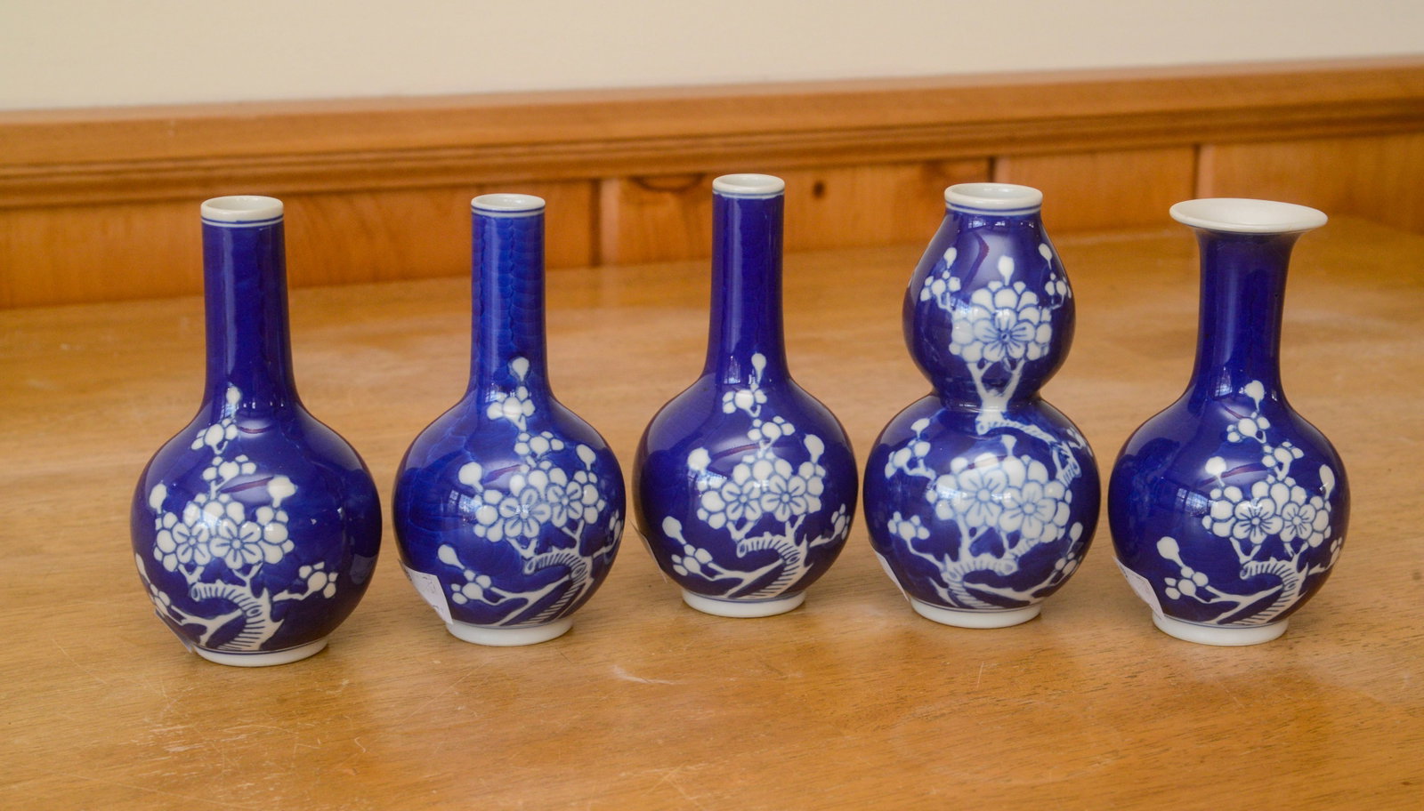 Five Small Chinese Blue and White Vases.: Heights 5 to 5.5 inches, good condition.