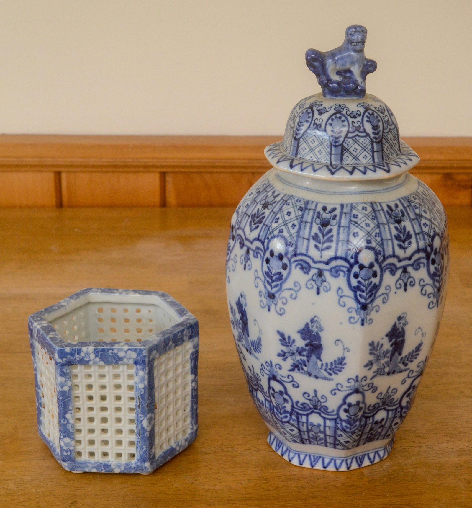 Chinese Blue and White Covered Jar and Reticulated Stand.: Height of jar 14 inches.