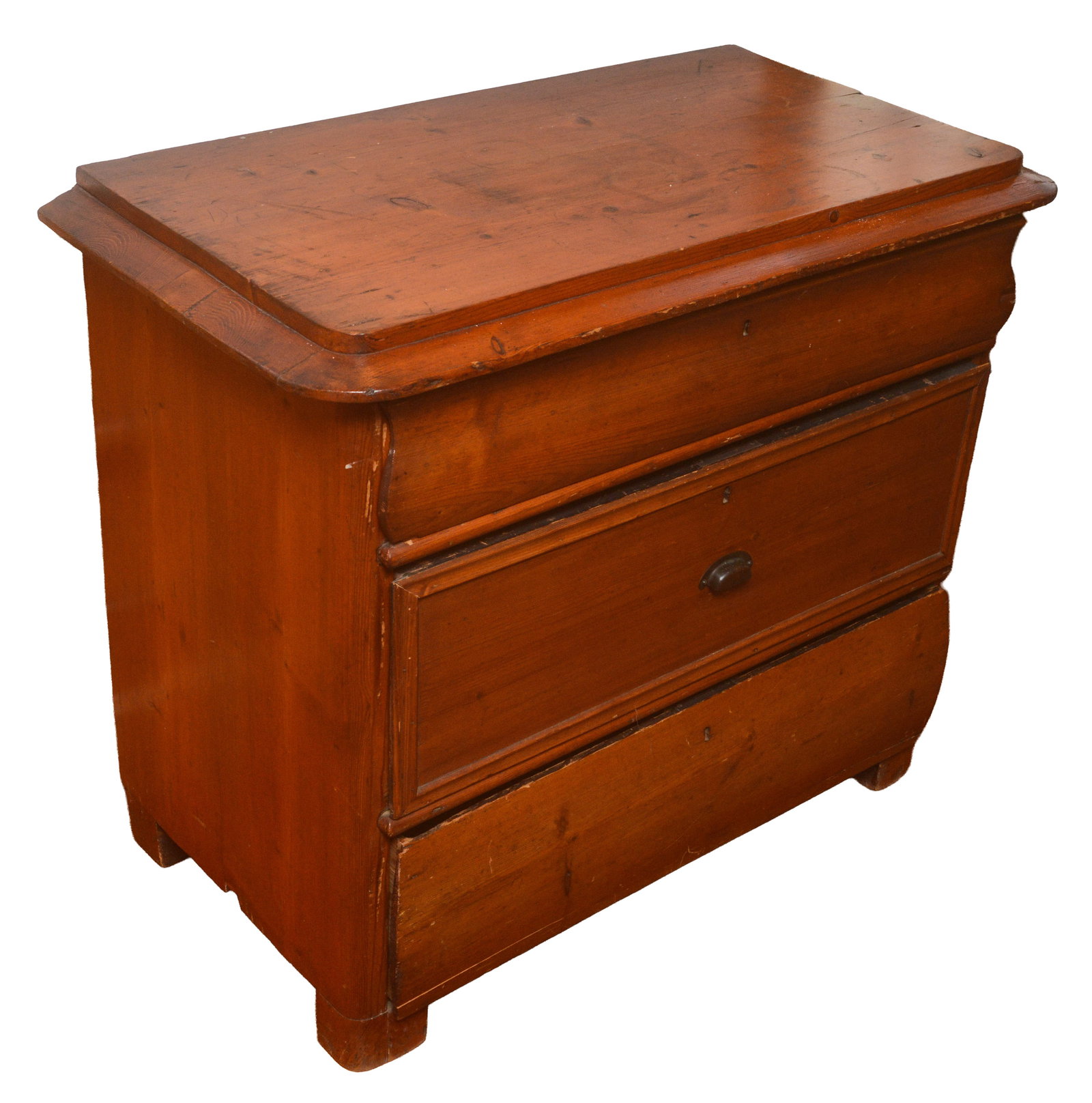 Pine Three Drawer Chest.: Height 32 inches, width 37 inches, depth 20 inches. NO SHIPPING AVAILABLE. This item must be picked up Friday, June 19th in Kennebunkport, Maine.