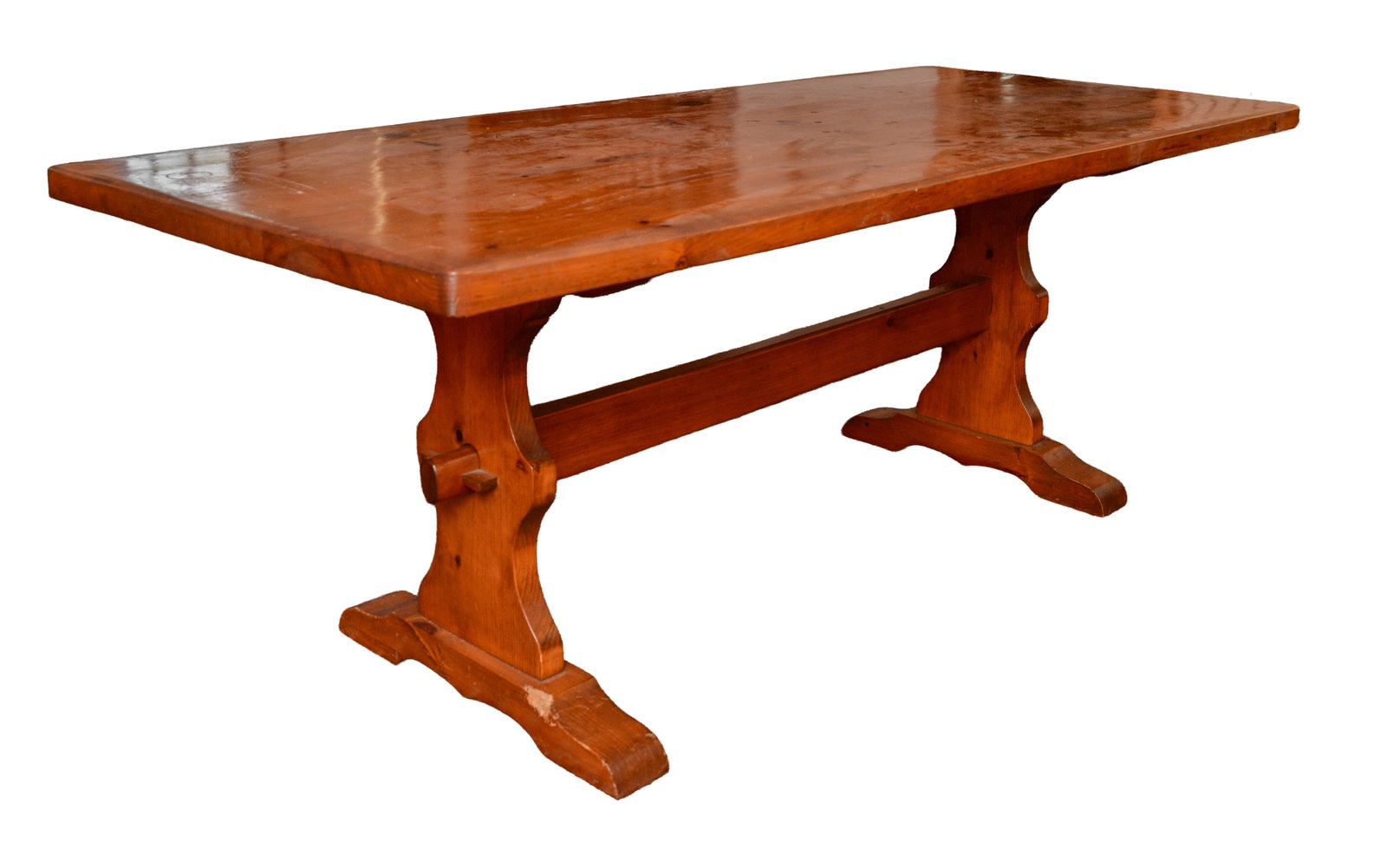 Pine Trestle Dining Table.: Height 31 inches, length 84 inches, depth 35 inches. NO SHIPPING AVAILABLE. This item must be picked up Friday, June 19th in Kennebunkport, Maine.