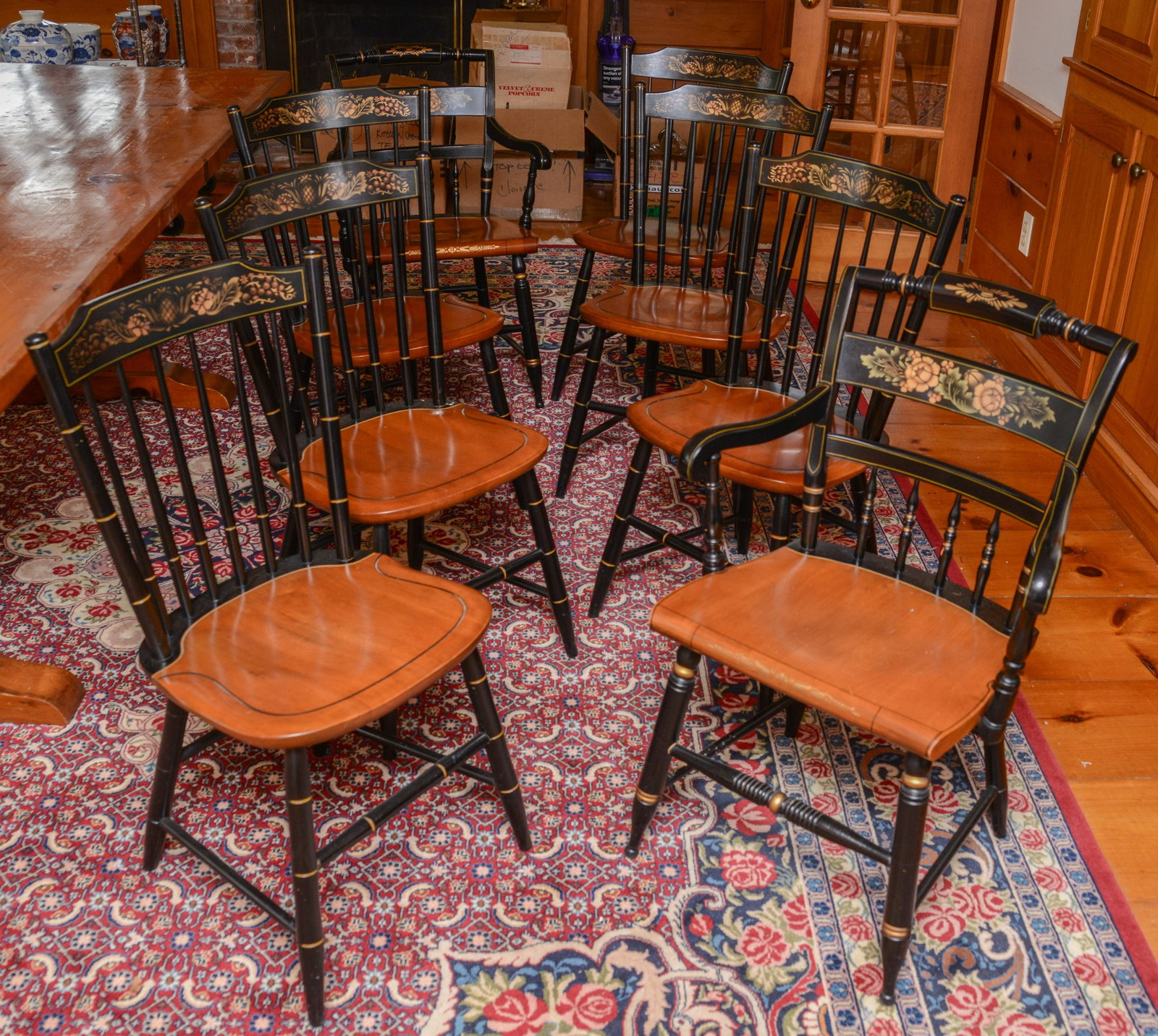 Eight Hitchcock Chairs.: Two armchairs and six sides. NO SHIPPING AVAILABLE. This item must be picked up Friday, June 19th in Kennebunkport, Maine.