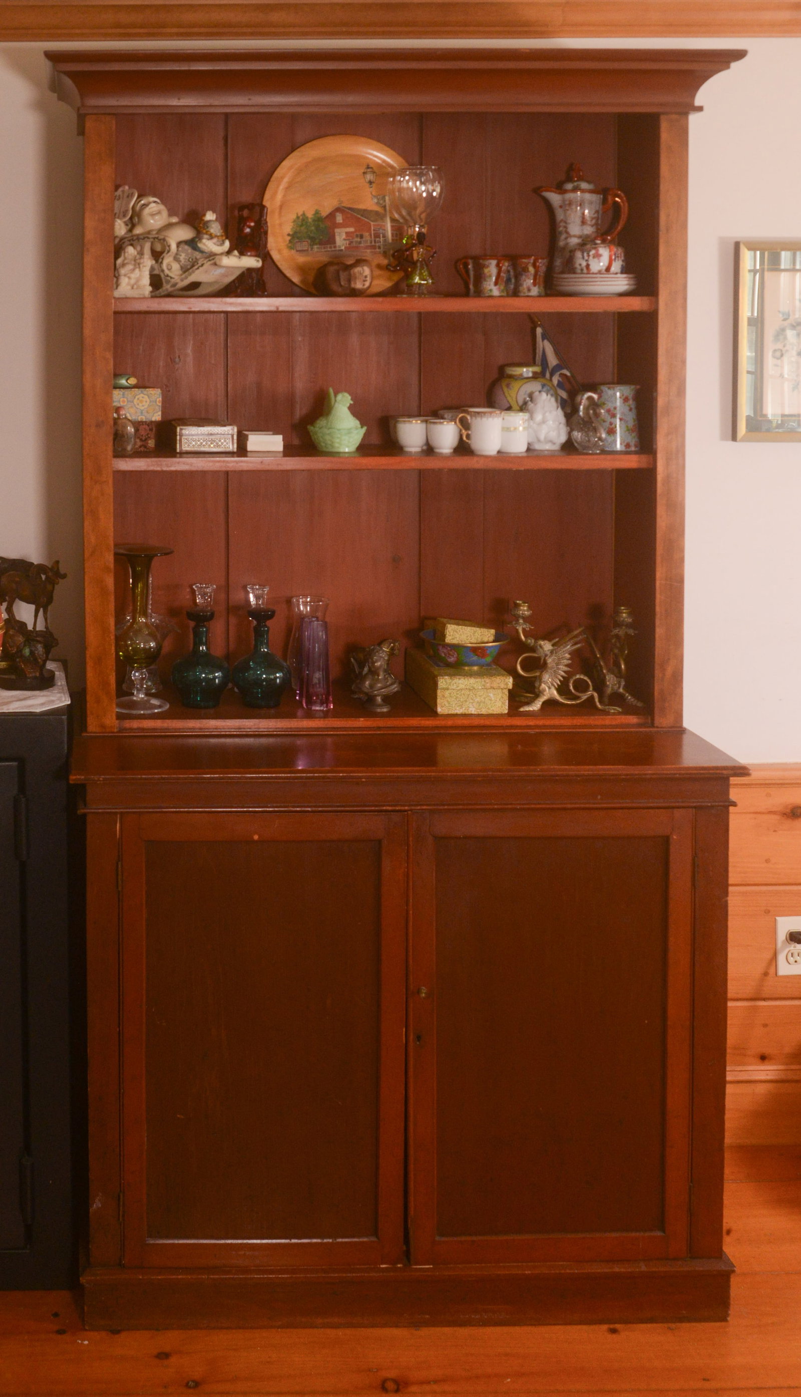 Maple Hutch.: Height 80 inches, width 40 inches, depth 21 inches. Contents not included. NO SHIPPING AVAILABLE. This item must be picked up Friday, June 19th in Kennebunkport, Maine.