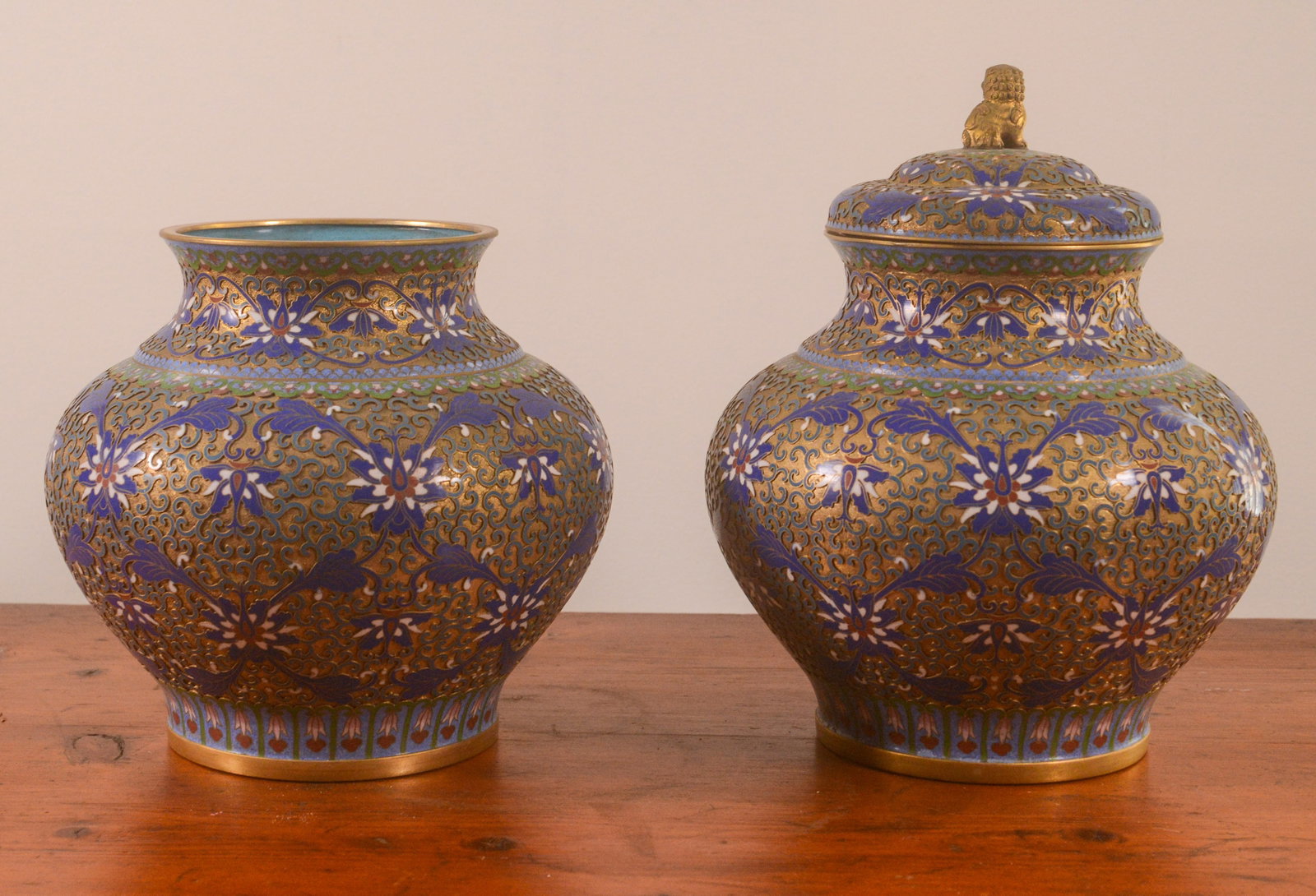 Pair of Chinese Champleve Jars.: Height 8 inches. One lacking lid.