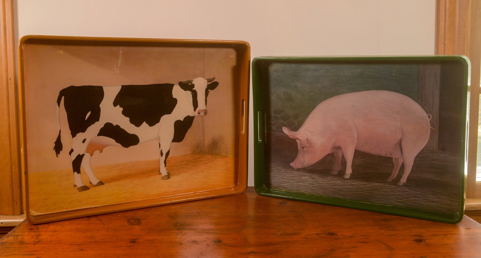 Two Trays.: One with pig, one with cow. Larger 19 x 14 inches.