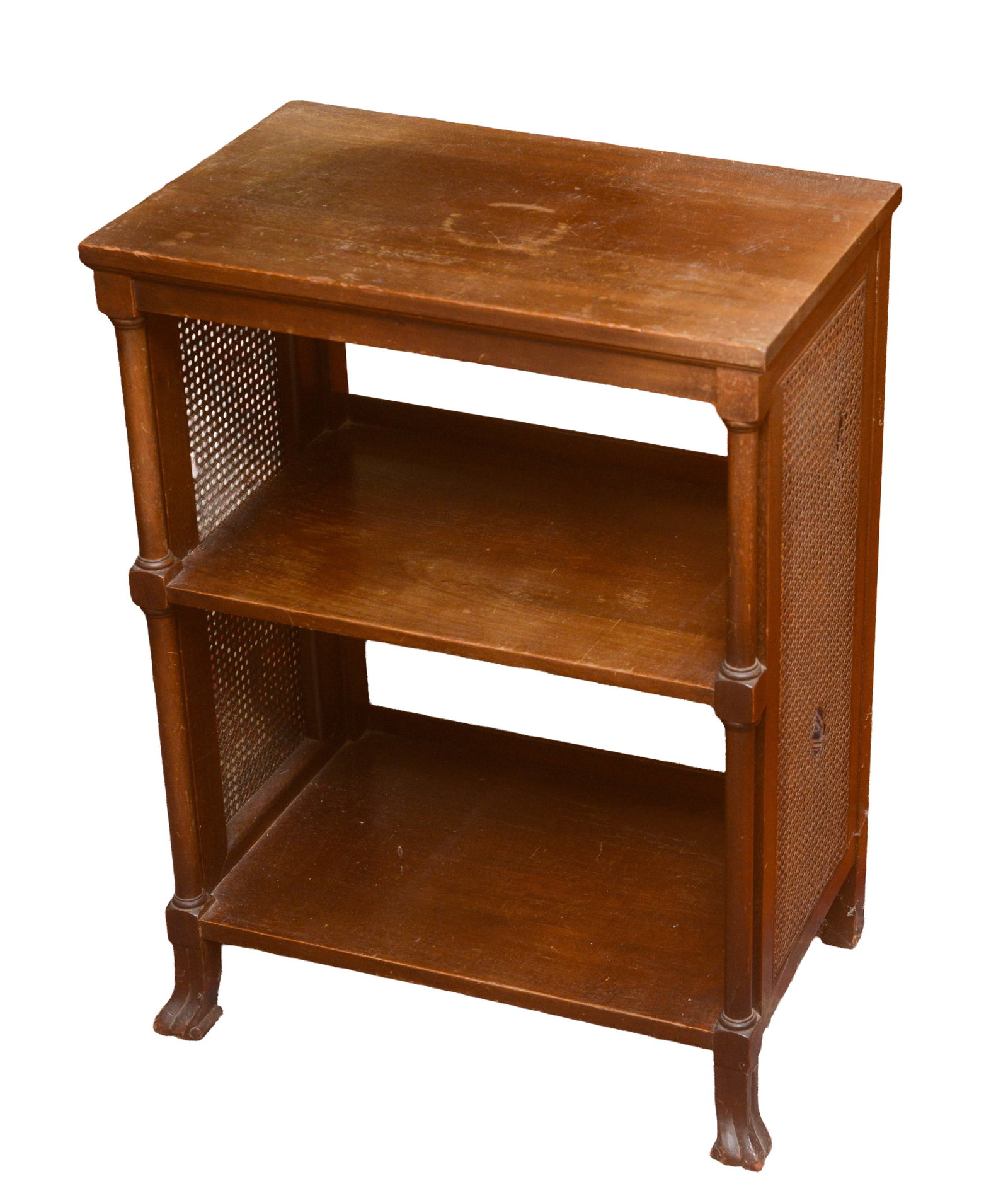 Small Stand With Cane Sides.: Height 26 inches, width 19 inches, depth 12 inches. NO SHIPPING AVAILABLE. This item must be picked up Friday, June 19th in Kennebunkport, Maine.