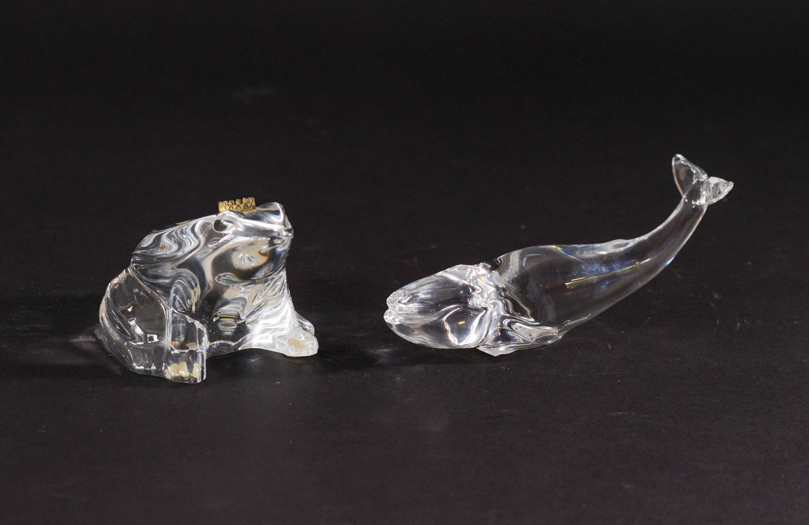 Two Baccarat Crystal Animals.: Frog with crown, length 4 inches, and a whale. Good condition.