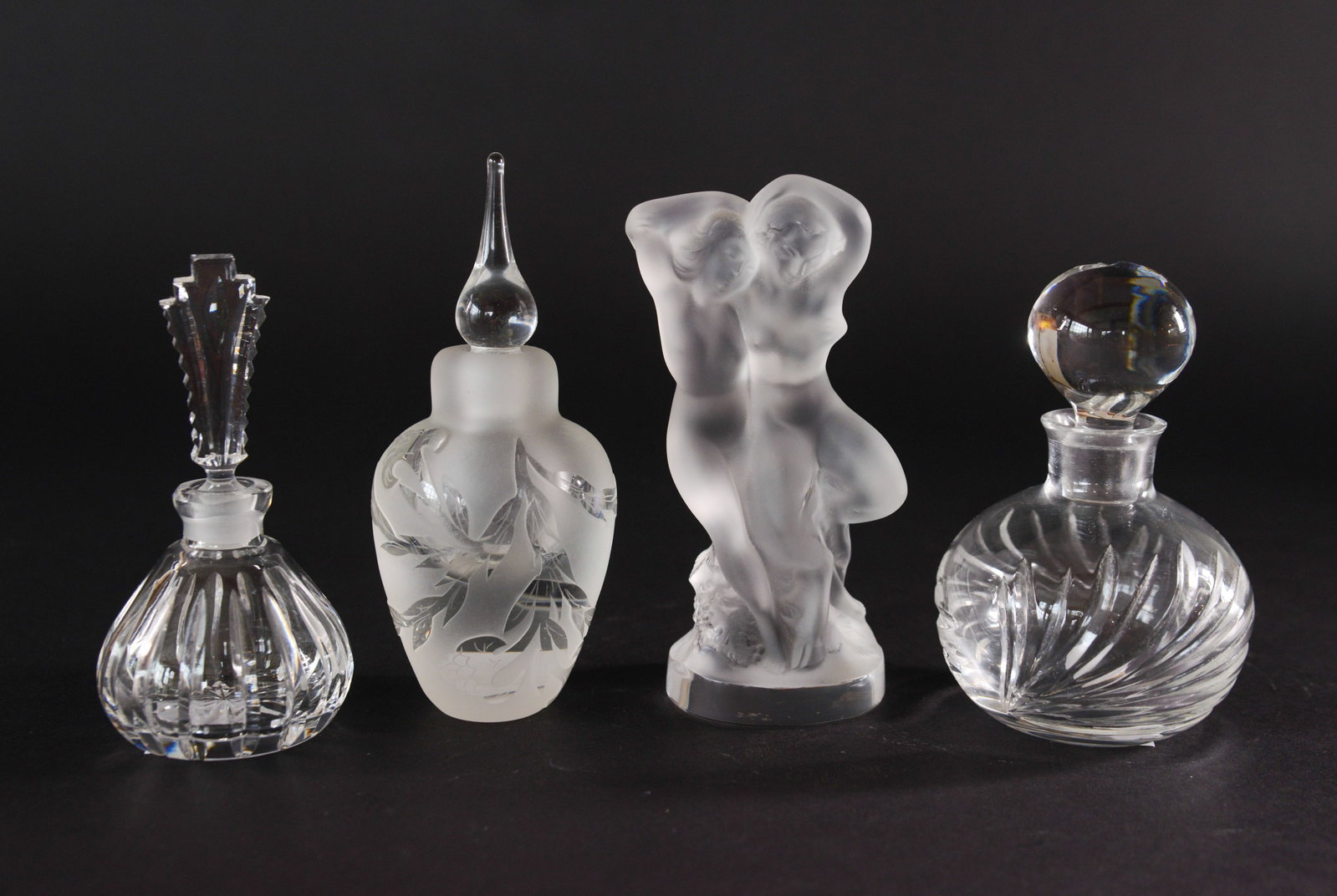 Lalique Sculpture With Two Women, and Three Perfume Bottles. (1 of 6)