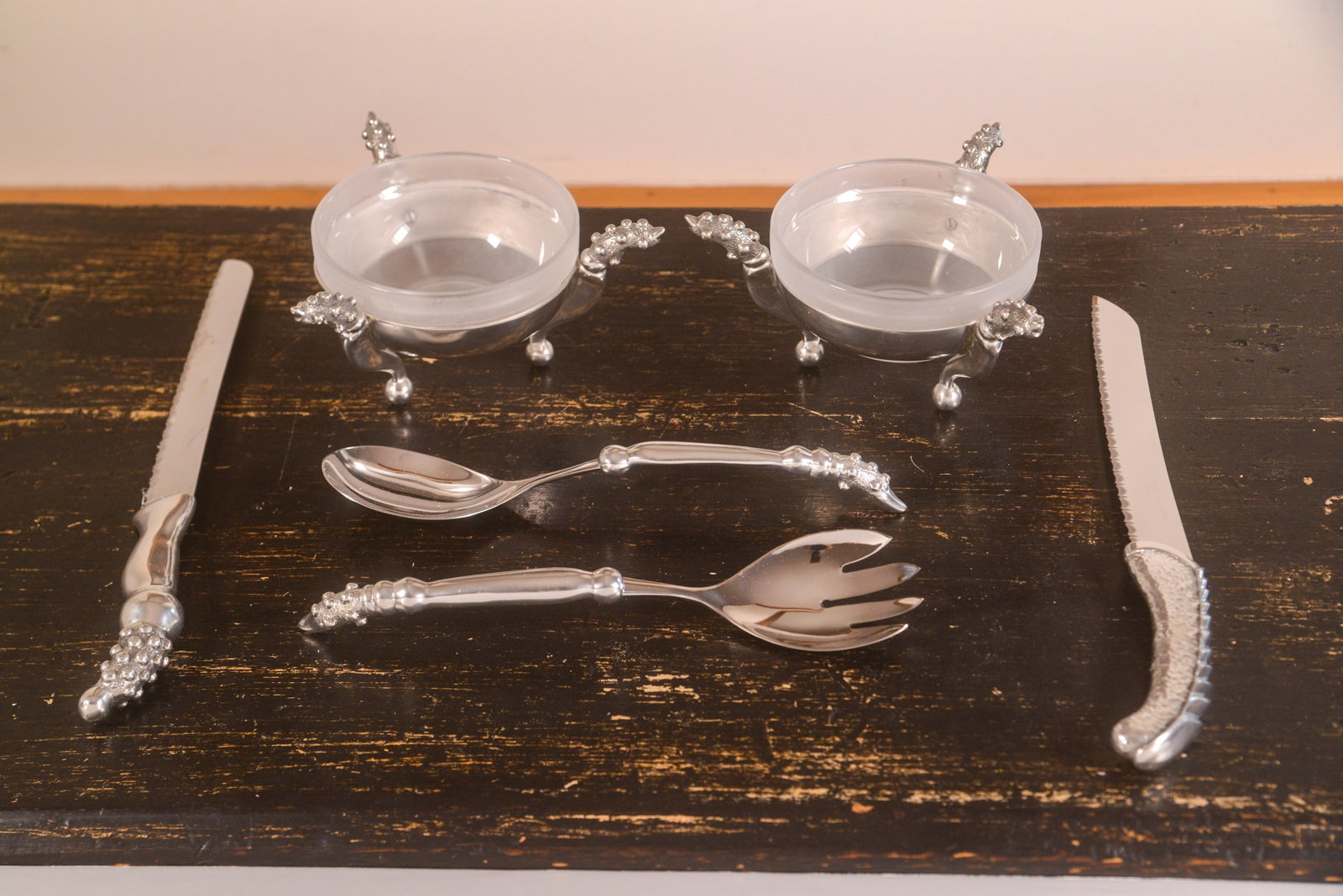 Group of Serving Utensils and Two Nut Bowls.: Diameters of bowls 4.75 inches.