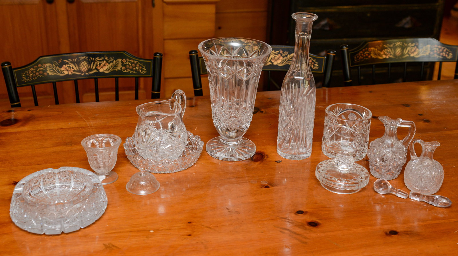 Group of Cut Glass.: 2007 LG Skin Game vase, height 10 inches, ashtray, two cruets, decanter (lacking stopper), and others.