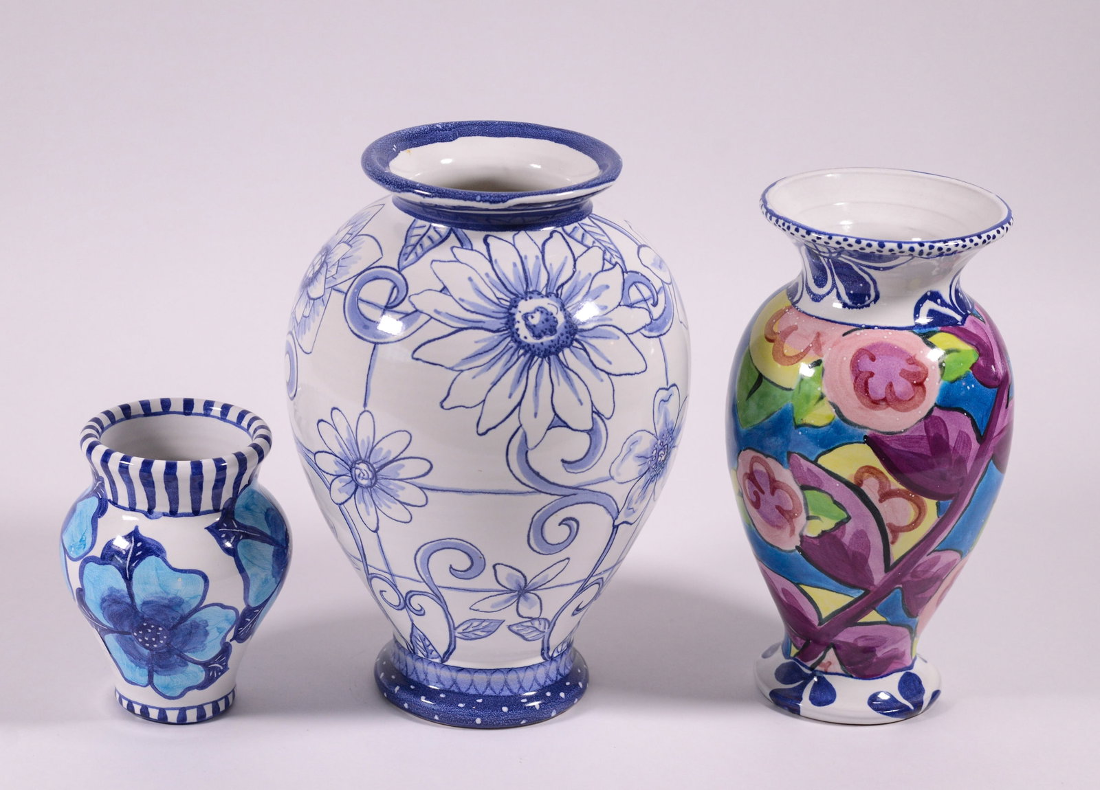 Three Damariscotta Pottery Vases.: Heights 5.5, 9.5 and 10 inches.