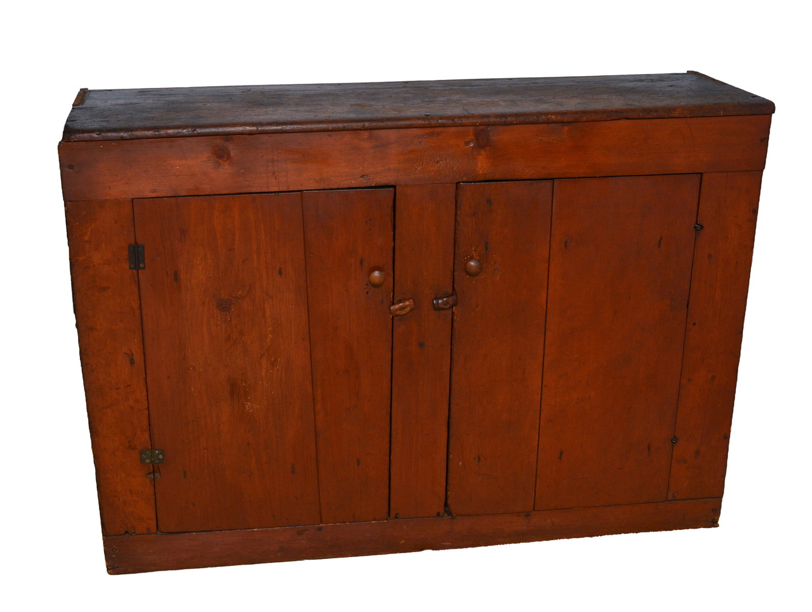 New England Pine Cupboard in Old Red Paint.: Height 39 inches, length 55 inches, depth 16 inches. NO SHIPPING AVAILABLE. This item must be picked up Friday, June 19th in Kennebunkport, Maine.