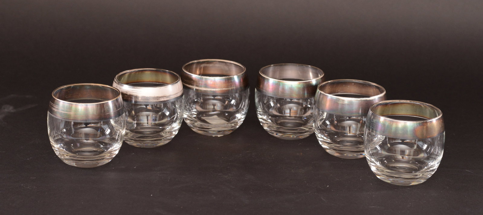 Six Silver Rimmed Tumblers.: Height 3.25 inches.