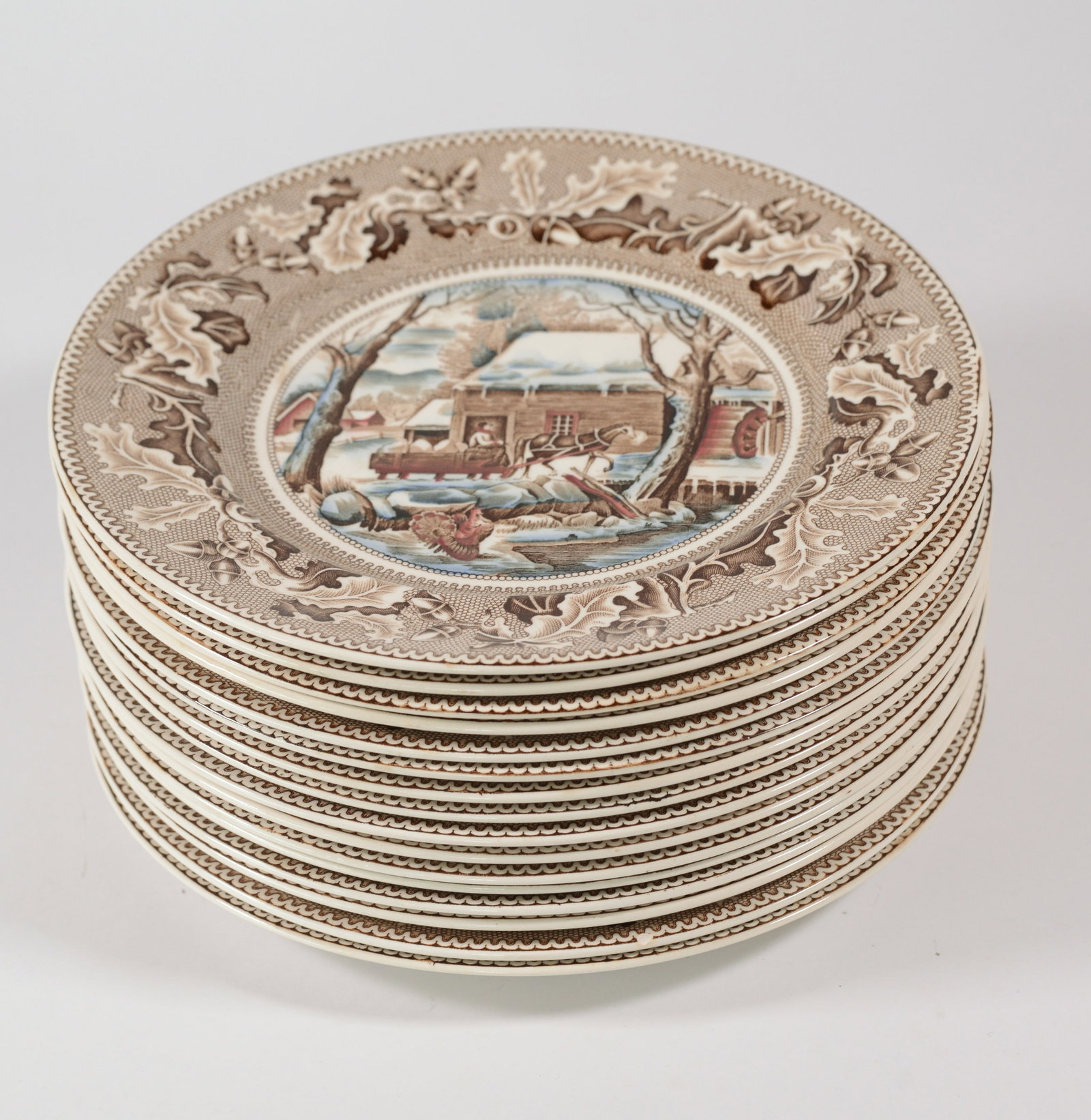 Sixteen Johnson Brother Thanksgiving Dinner Plates.: Diameter 10.5 inches. Some small chips and cracks.