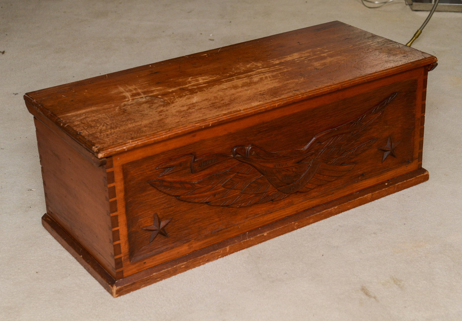 Wooden Storage Chest With Carved Eagle.: 16 x 43 x 18 inches.
