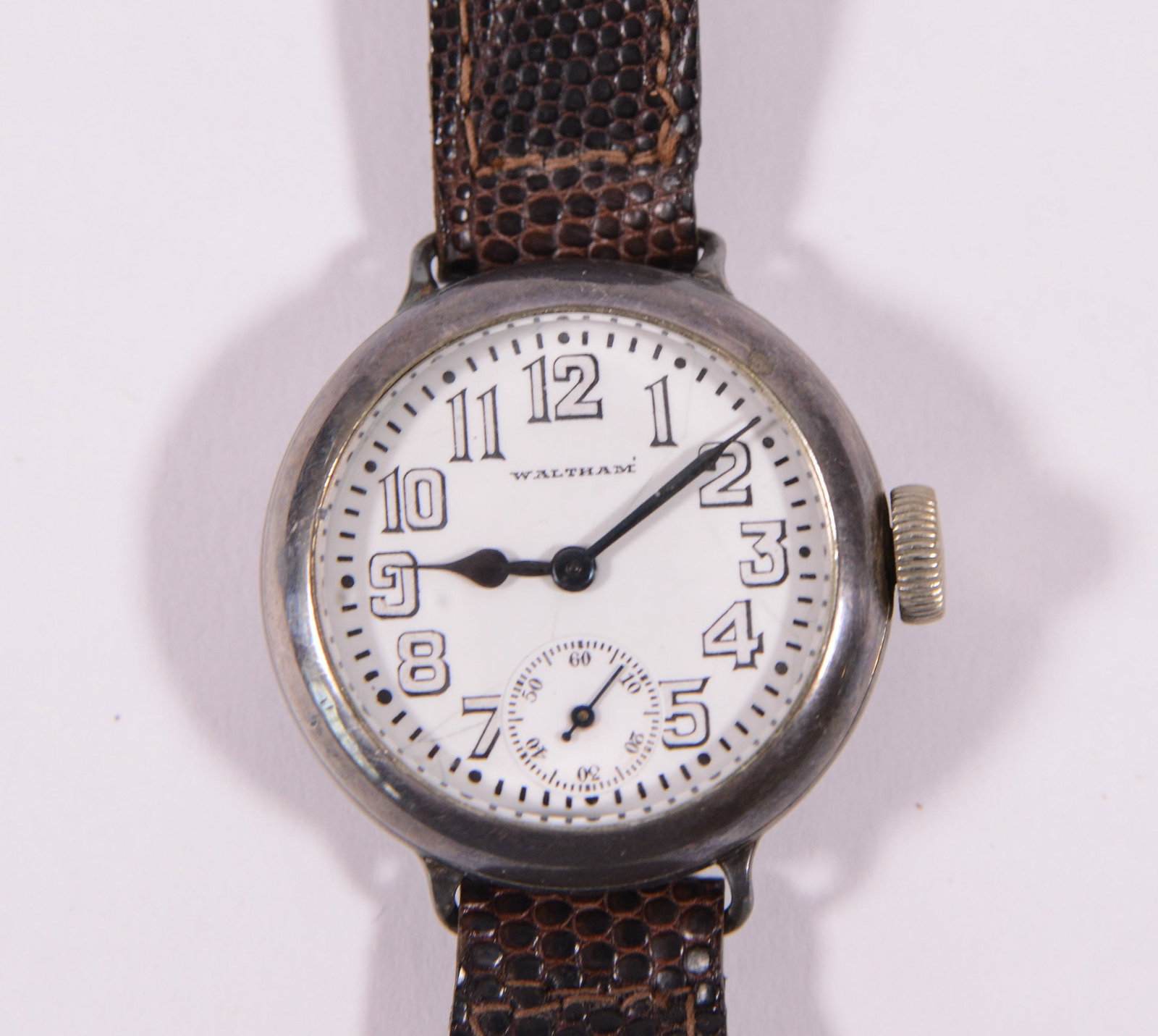 WWI Inscribed Waltham Watch.: Diameter 1.25 inches, inscribed 'L.F. Bidaux Base Hospital No. 20 A.N.C 2-25-18'