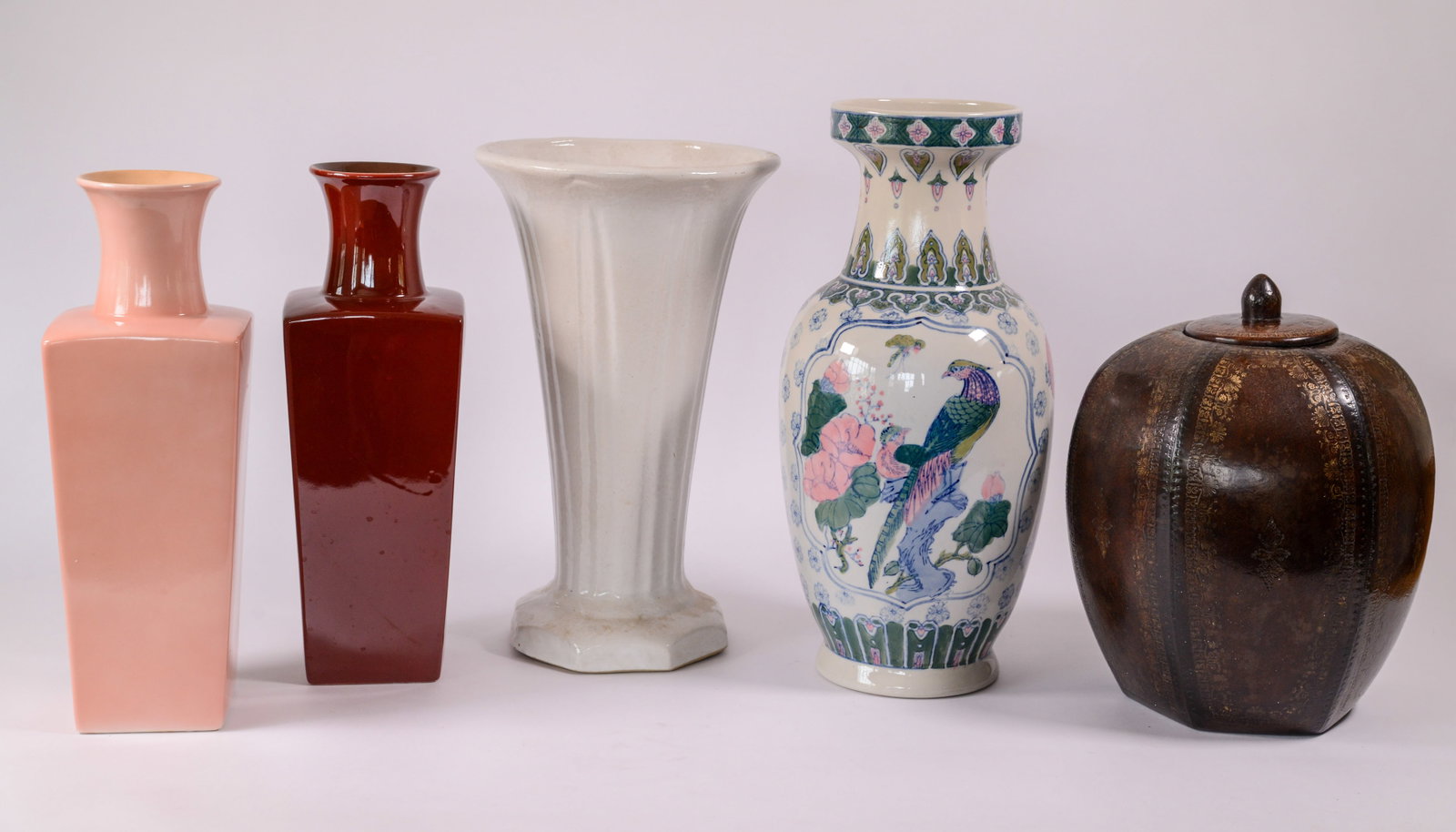 Four Vases and a Covered Jar.: Height of tallest 17 inches.