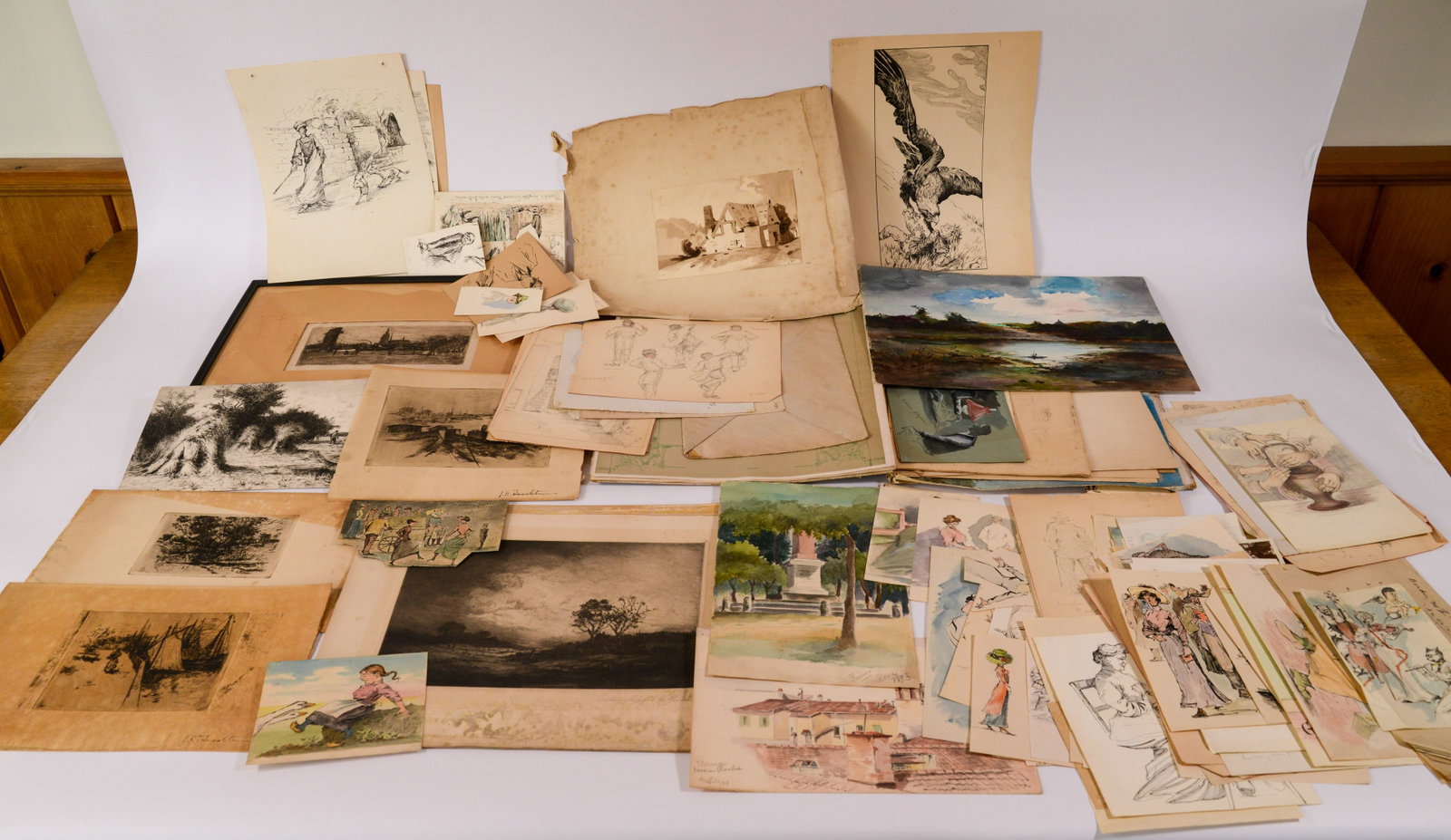 Large Collection of Late 19th and Early 20th Century Illustrations.: Various artists, includes watercolor, pen and ink and engravings.