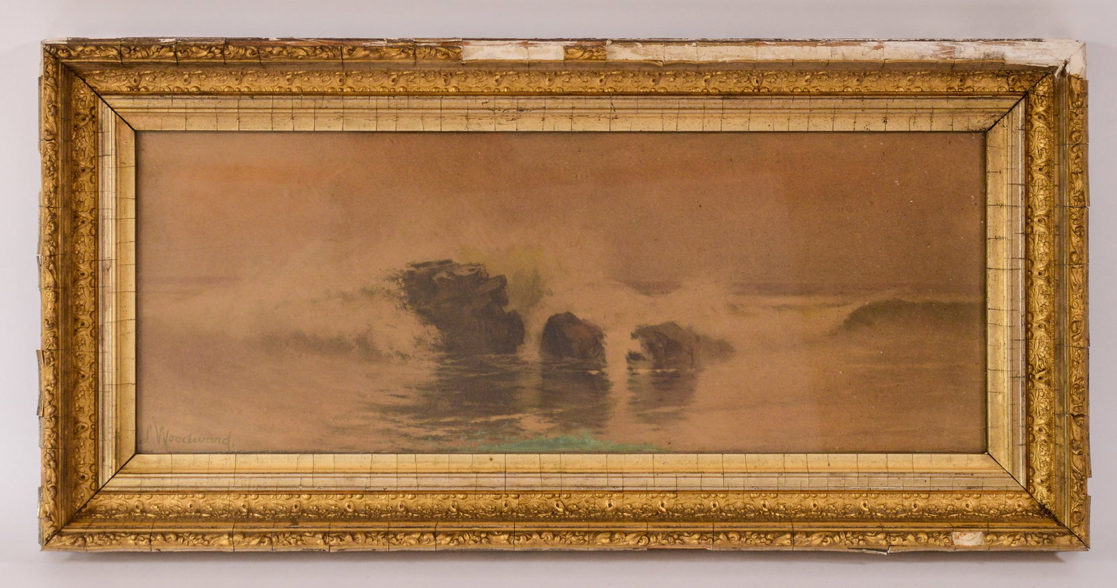 Laura Woodward. Crashing Surf.: Lithograph on paper, framed, 13.5 x 28 inches. Losses to frame.