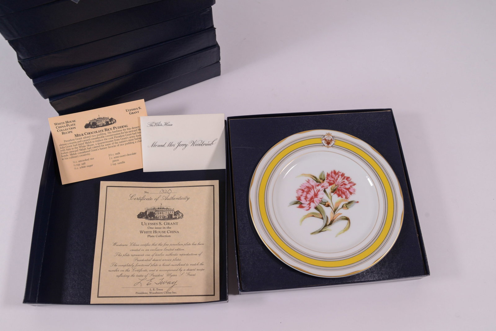 Eight White House Dessert Collection Plates.: One with card addressed to Mr. and Mrs. Jerry Weintraub.