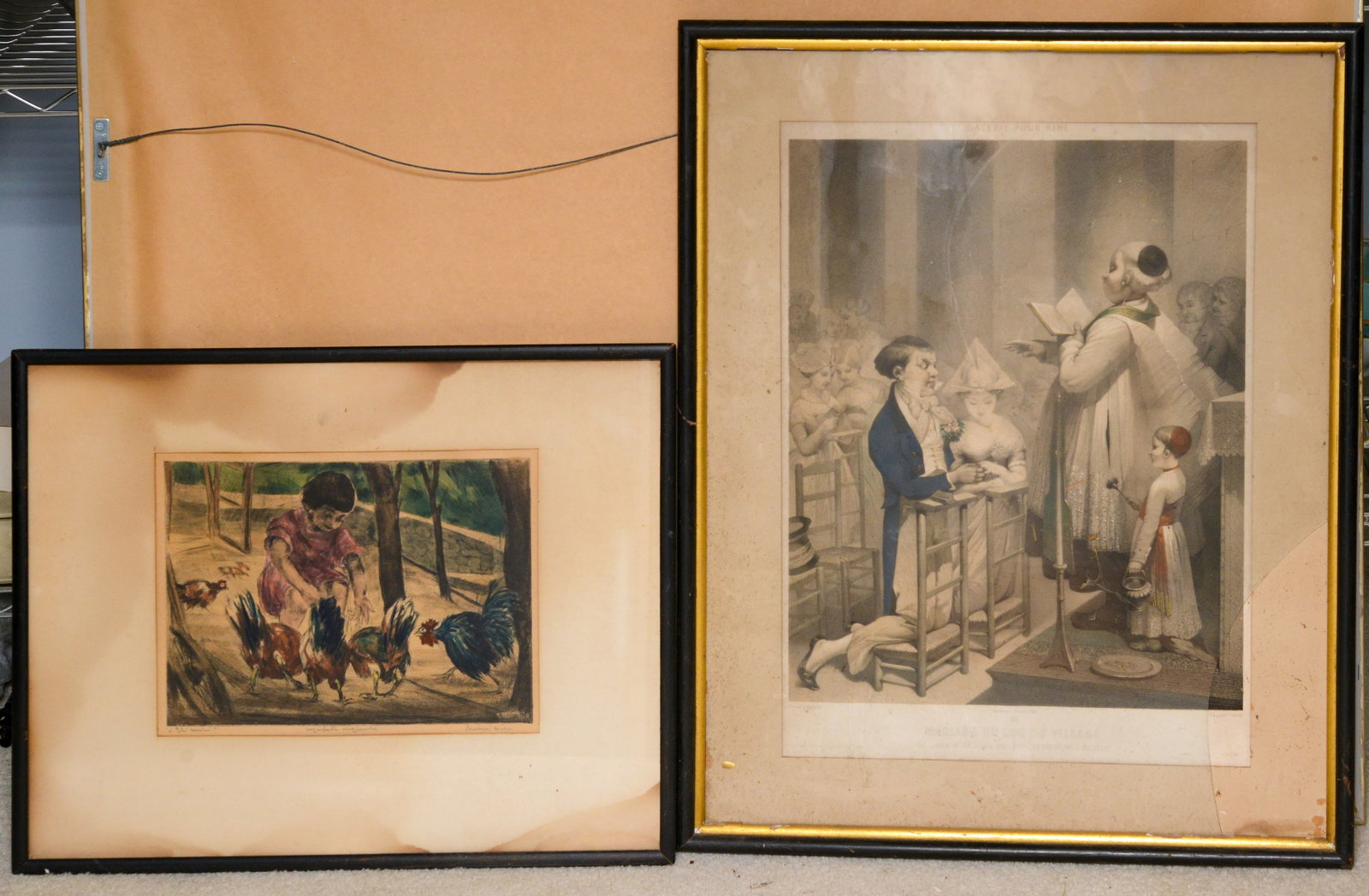 Two Prints.: One Bela Sziklay, the other a French print of a wedding. Both with mats in poor condition, print condition fair.