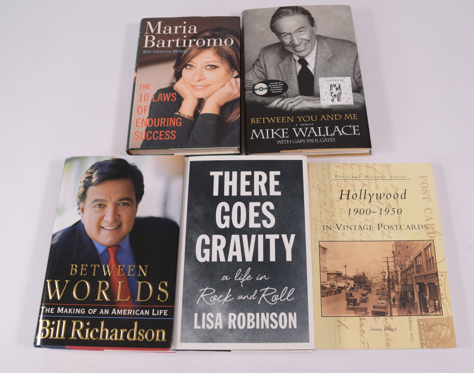 Five Signed Books.: Hollywood 1900-1950, There Goes Gravity by Lisa Robinson, Between You and Me by Mike Wallace, The 10 Laws of Enduring Success by Maria Bartiromo, and Between Worlds by Bill Richardson.. Three