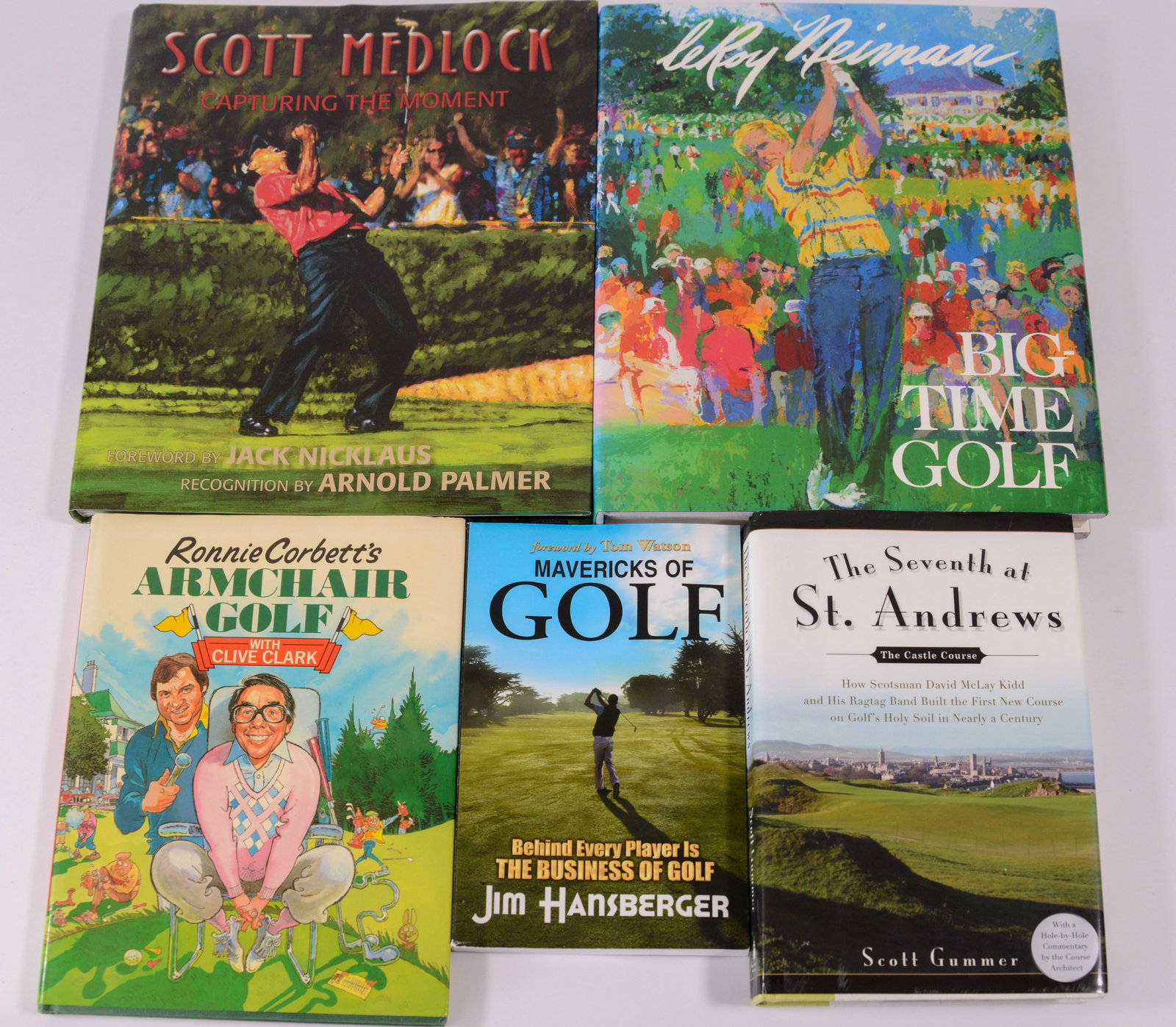 Five Signed Books on Golf.: The Seventh at St. Andrews by Scott Gummer, Mavericks of Golf by Jim Hansberger, Armchair Golf by Ronnie Corbett, Leroy Neiman: Big Time Golf, and Scott Medlock: Capturing the Moment. Several