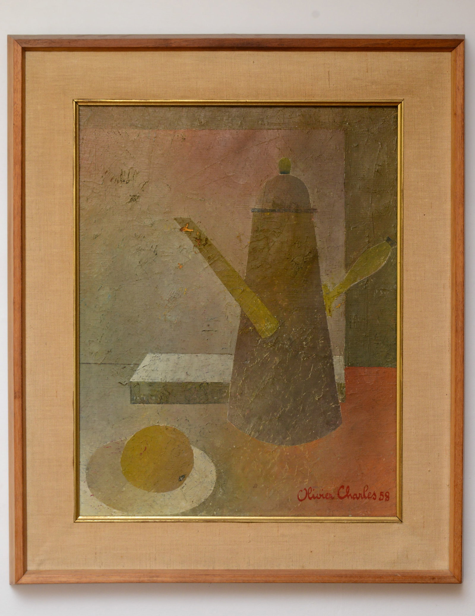 Olivier Charles (1931-2013). Still Life With Chocolate Pot.: Oil on canvas, 18 x 14 inches, signed and dated 1958. Some loose paint on chocolate pot spout.