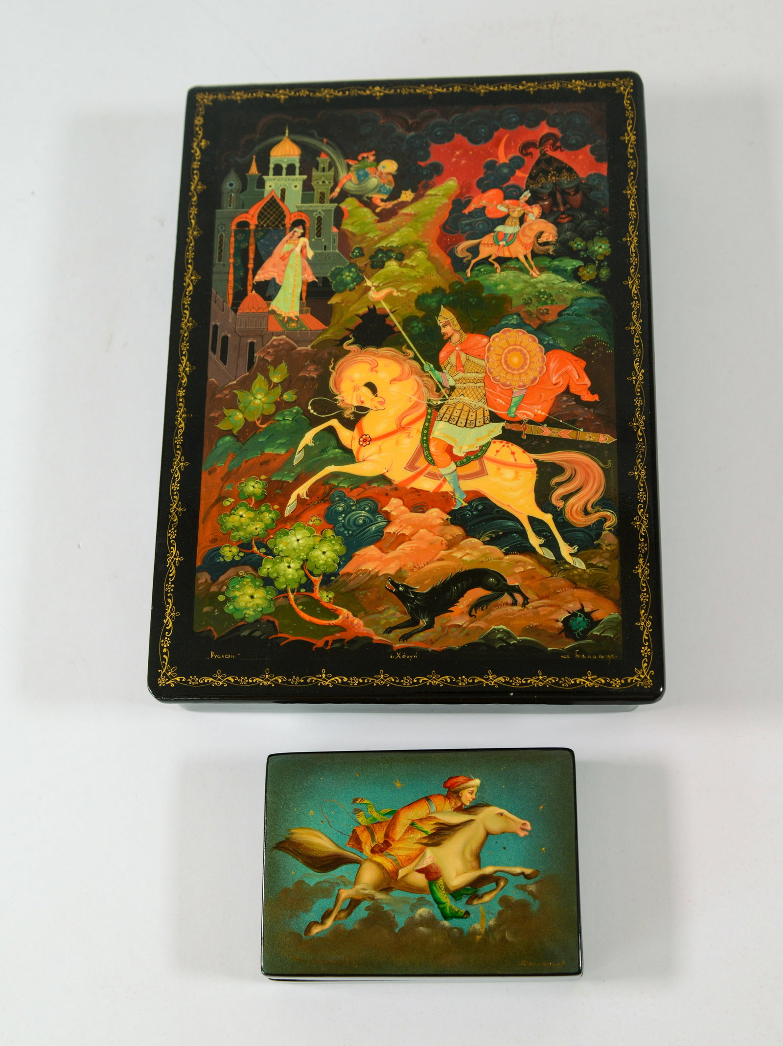 Two Russian Lacquer Boxes.: 9.75 x 1.75 x 7 and 4.25 x 1 x 3 inches. Smaller with original box.