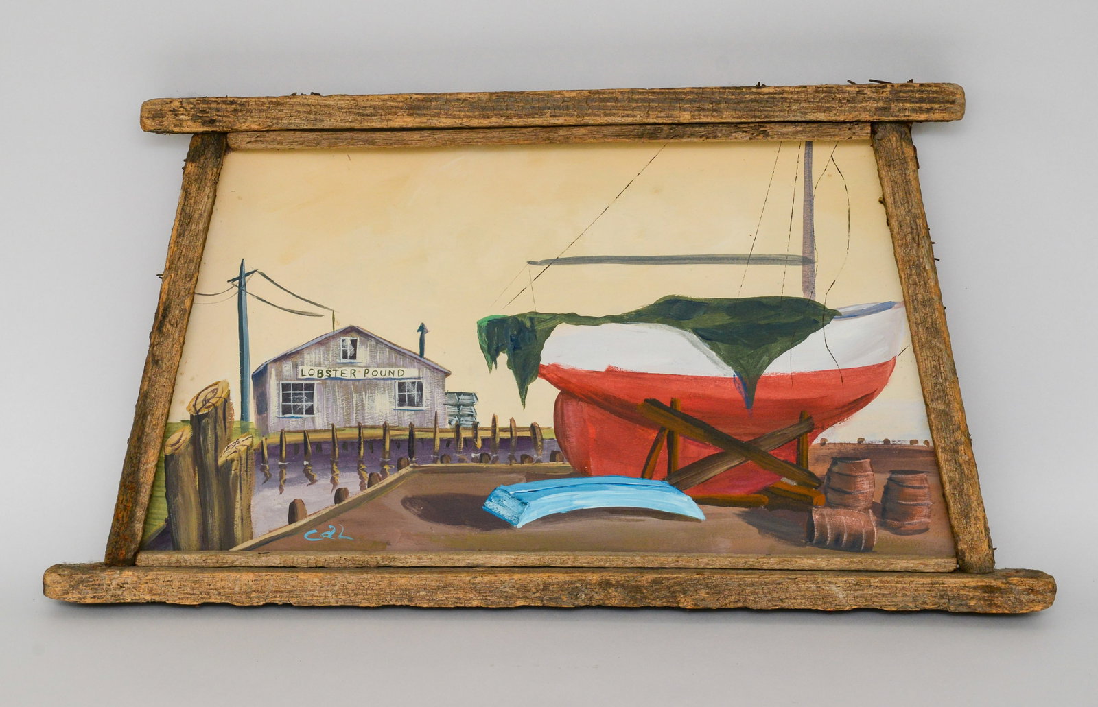 Painting: Lobster Pound: In barnwood frame, 14 x 27 inches.