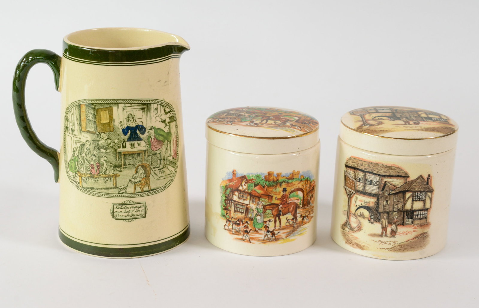 Two Sandland Ware Covered Jars and an Adams Pitcher. (1 of 5)