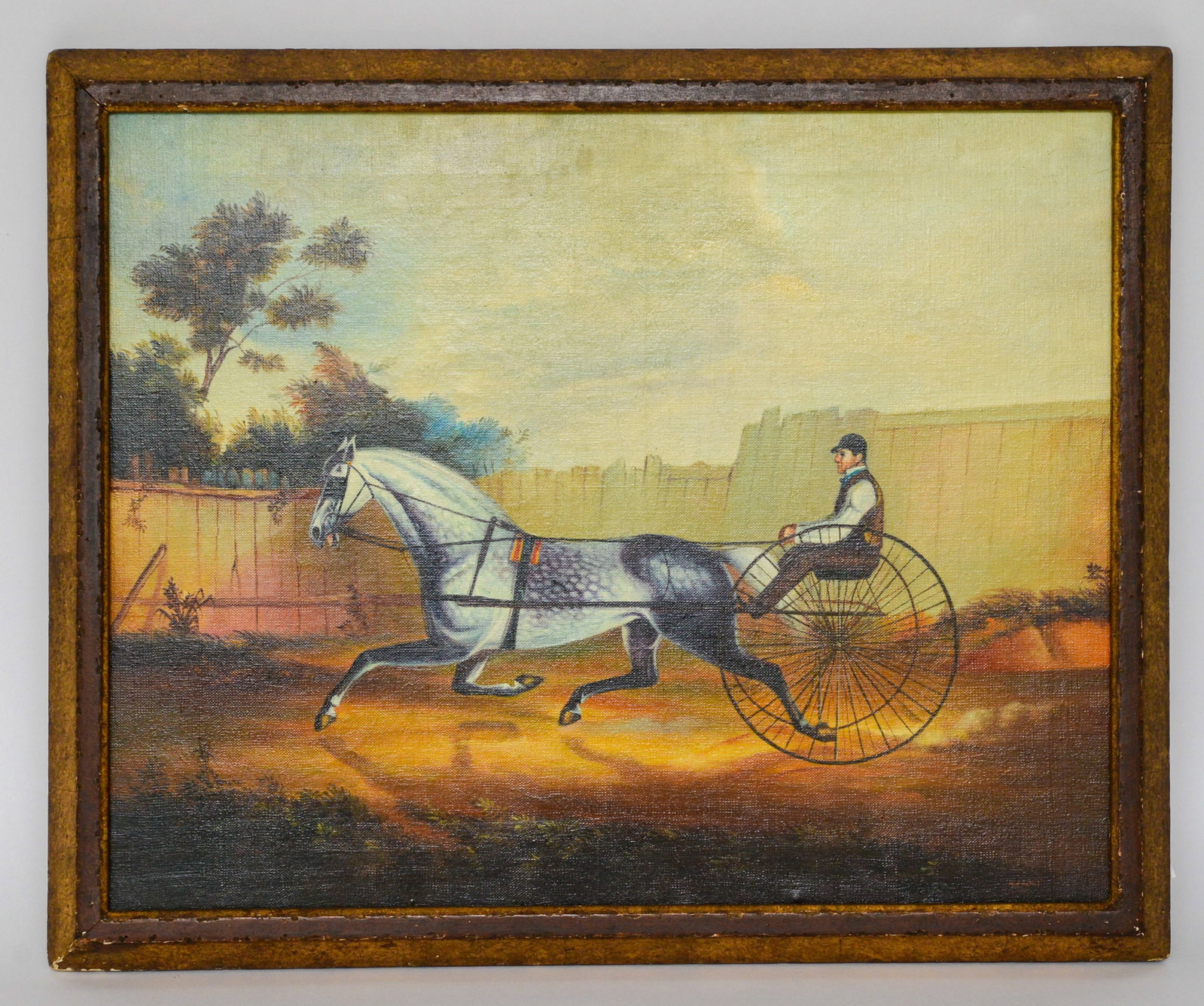 Painting of a Horse and Sulky.: Oil on canvas, framed, 17.5 x 21.5 inches.