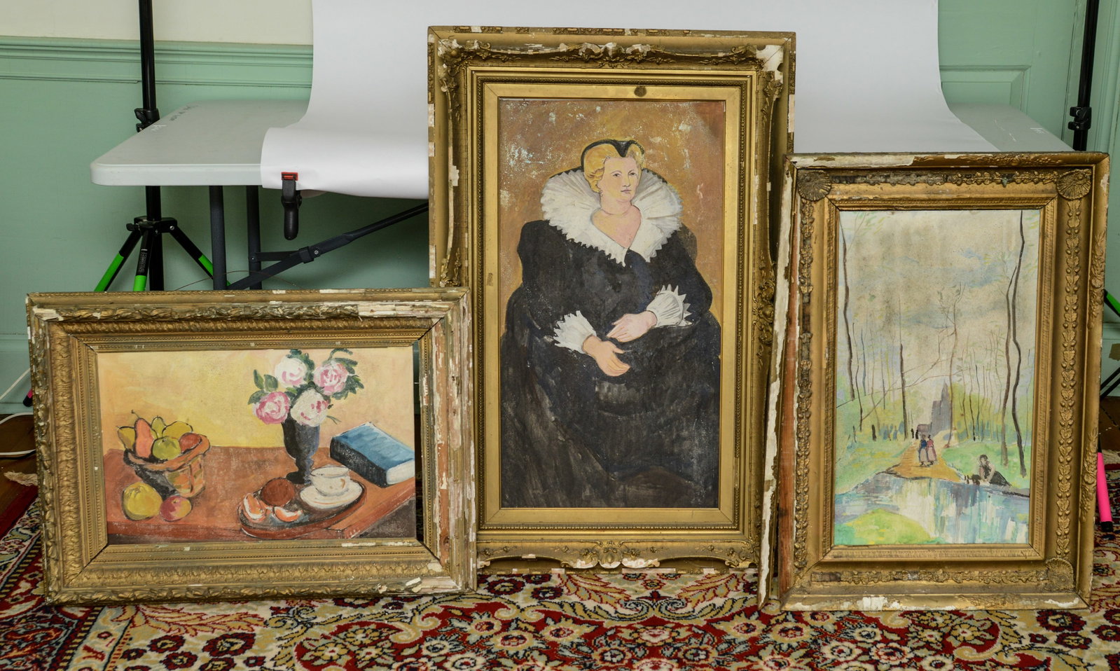 Three Framed Artworks.: Oil on board, 30 x 16.5, 14 x 21, and 24.5 x 14 inches. Foxing to paintings, damage to frames.