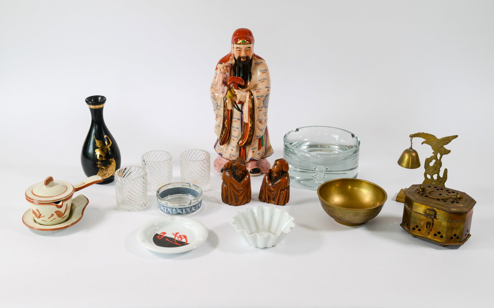 Group of Decorative Items.: Chinese figure, height 13 inches, three ashtrays, and others.