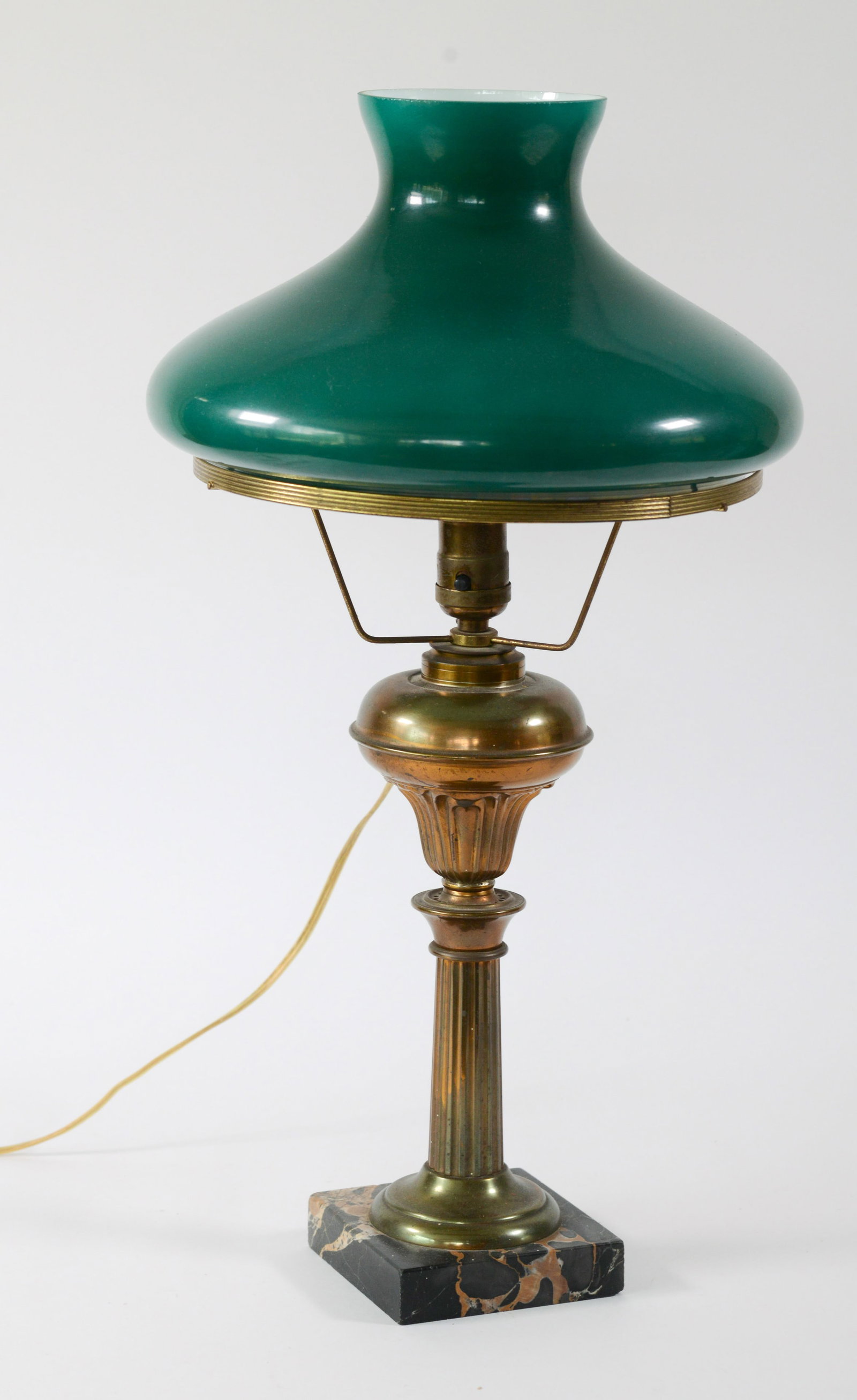 Brass Table Lamp With Green Glass Shade. (1 of 2)